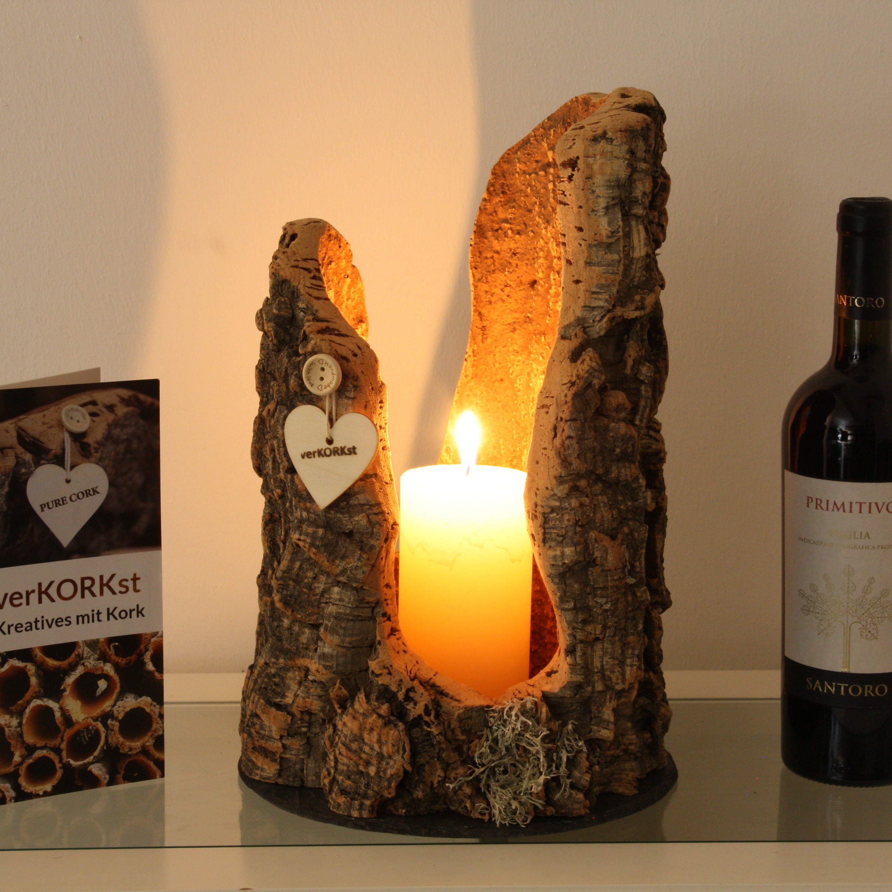 verKORKst Premium Windlicht und Tischlampe aus Korkrinde * Tischleuchte * Teelichthalter Kerzenhalter * rustikale Dekoration * handmade * Unikat