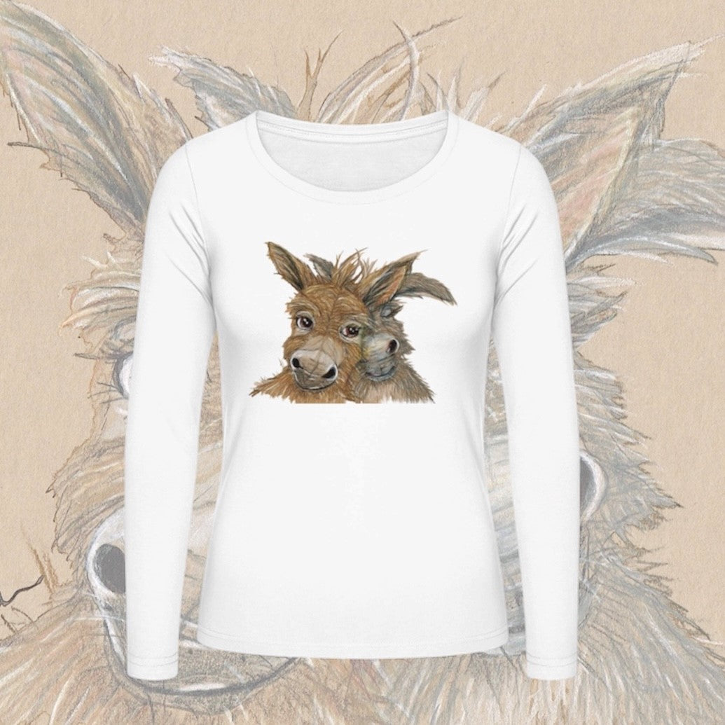 Damen T-Shirt Langarm * Print Vorderseite * Esel * weiß * Longsleeve * regarts.de * 100% Baumwolle