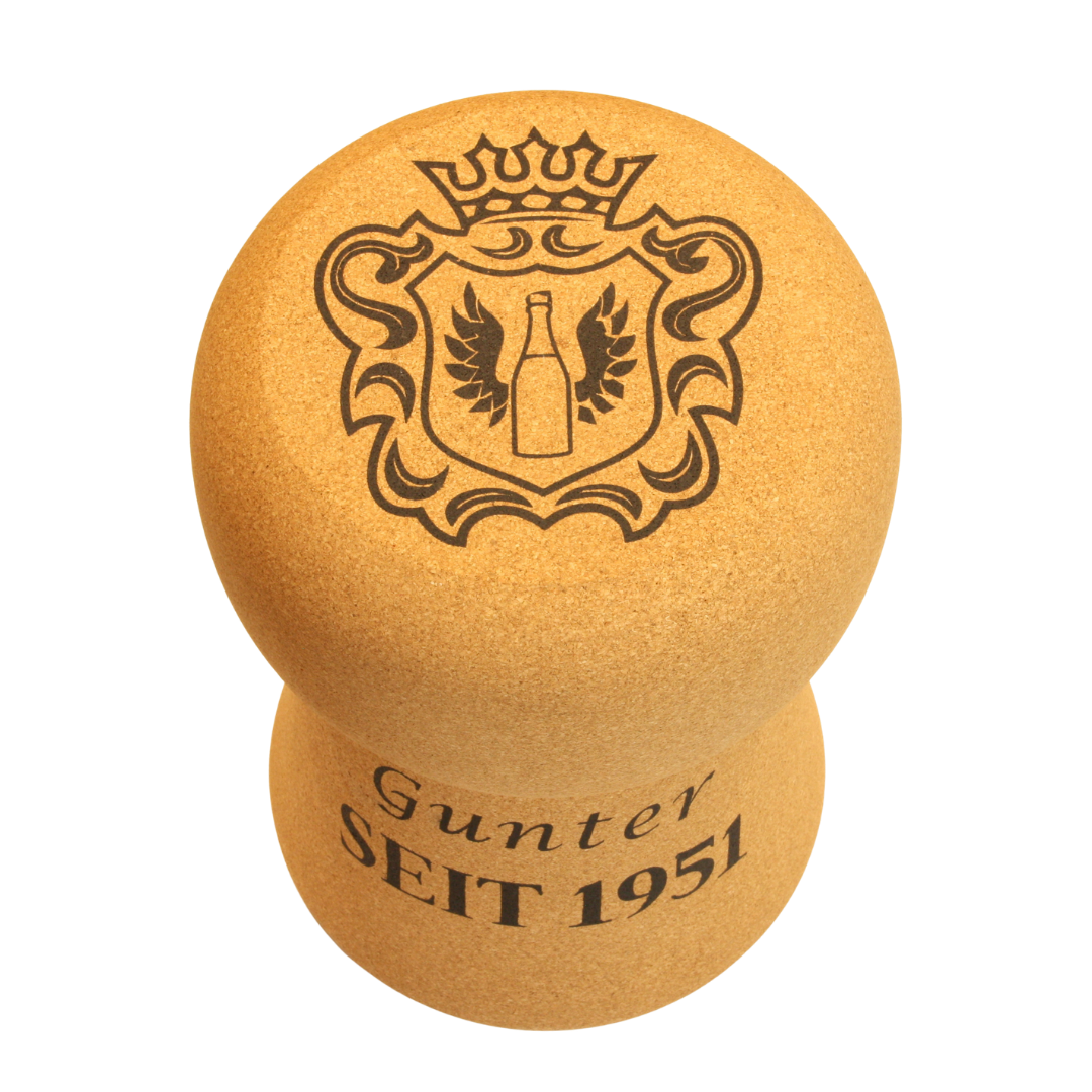 verKORKst Premium Kork-Beistelltisch und Hocker in Form eines riesigen Champagnerkorken * Individualisierbar * Bar-Stool und Bar-Table * XL Champagner Kork Barhocker und Bartisch