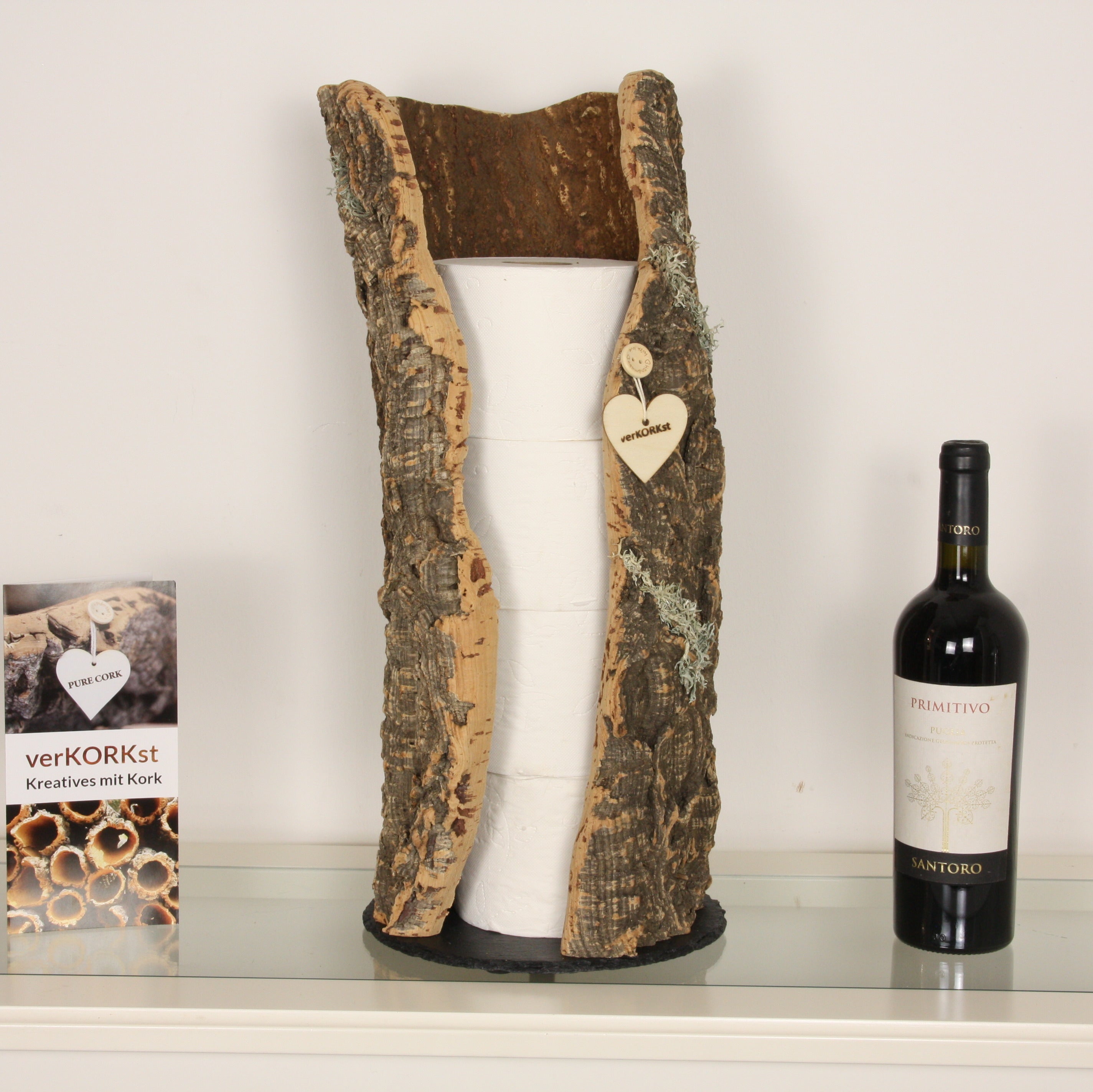 verKORKst Premium Toilettenpapier-Aufbewahrung aus Korkrinde * Vintage WC-Rollen Halter * Klopapierspender 5 Rollen * Badezimmer-Accessoires