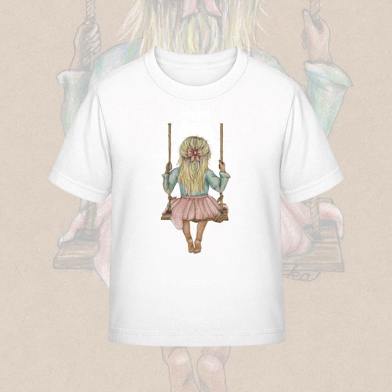Kinder T-Shirt * Print Vorderseite Mädchen auf Schaukel * weiß * T-Shirt * regarts.de * 100% Baumwolle
