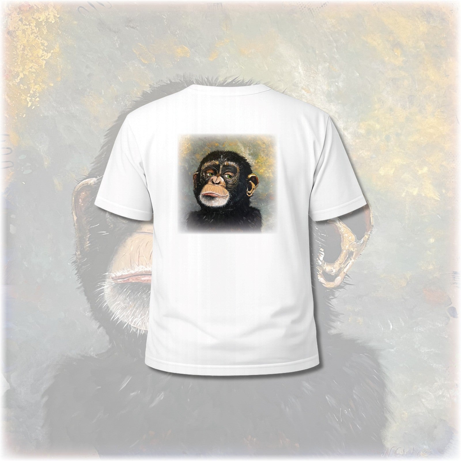 Unisex T-Shirt * handsigniert * Unikate * Kunstprint Vorder- & Rückseite * Schimpanse * weiß * T-Shirt * Nirtak Eleböz * 100% Baumwolle