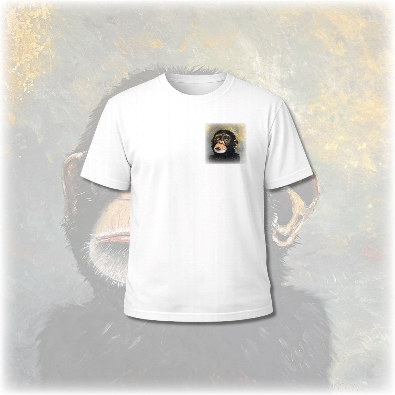 Unisex T-Shirt * handsigniert * Unikate * Kunstprint Vorder- & Rückseite * Schimpanse * weiß * T-Shirt * Nirtak Eleböz * 100% Baumwolle