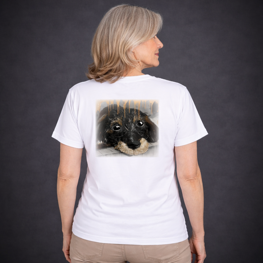 Unisex T-Shirt * handsigniert * Unikate * Kunstprint Vorder- & Rückseite * Dackel gold * weiß * T-Shirt * Nirtak Eleböz * 100% Baumwolle