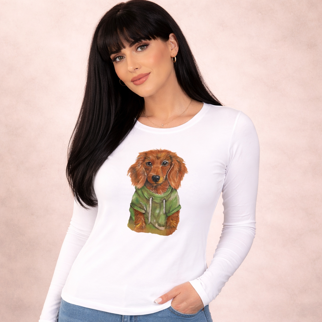 Damen T-Shirt Langarm * Print Vorderseite * Dackel * weiß * Longsleeve * regarts.de * 100% Baumwolle