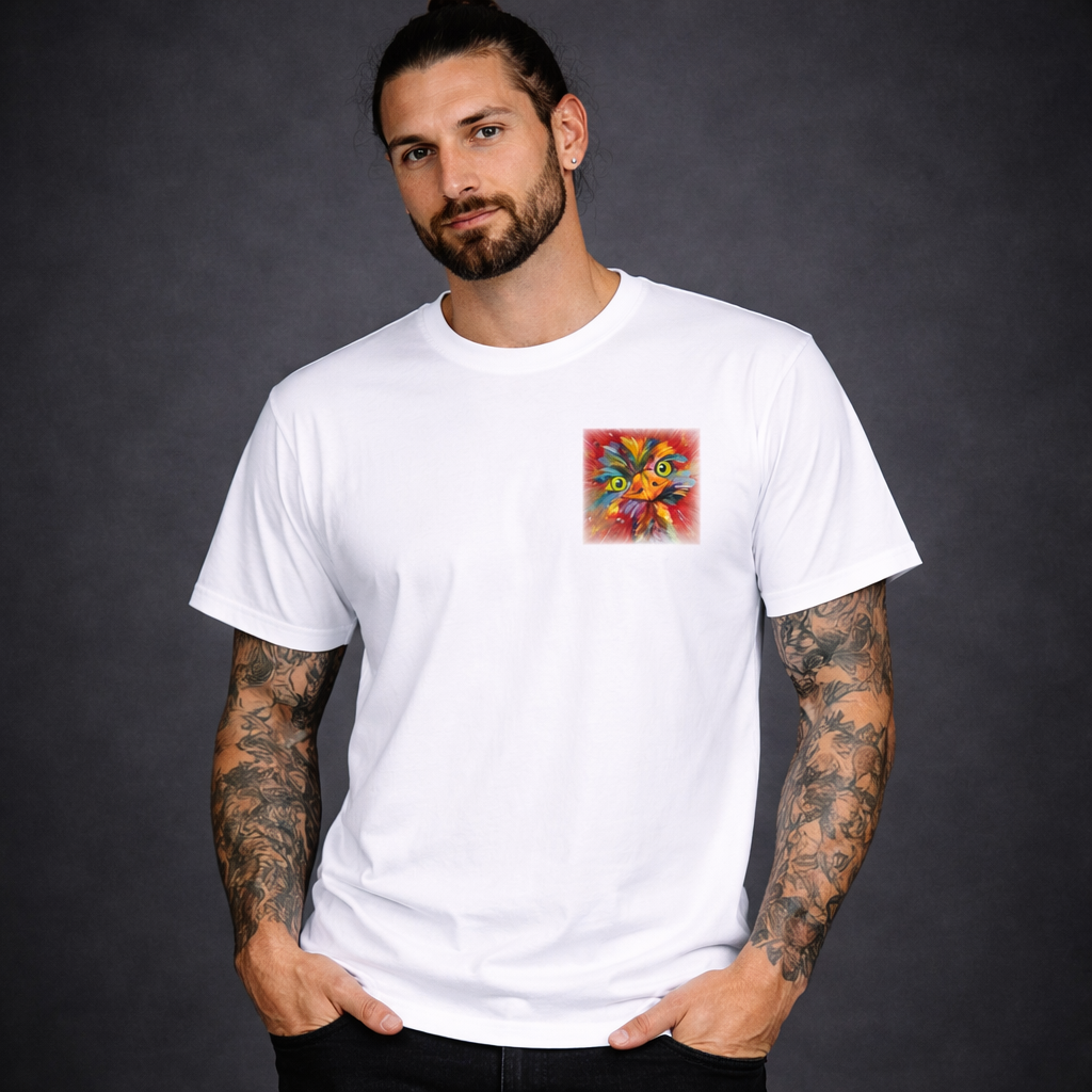 Unisex T-Shirt * handsigniert * Unikate * Kunstprint Vorder- & Rückseite * Emu * weiß * T-Shirt * Nirtak Eleböz * 100% Baumwolle