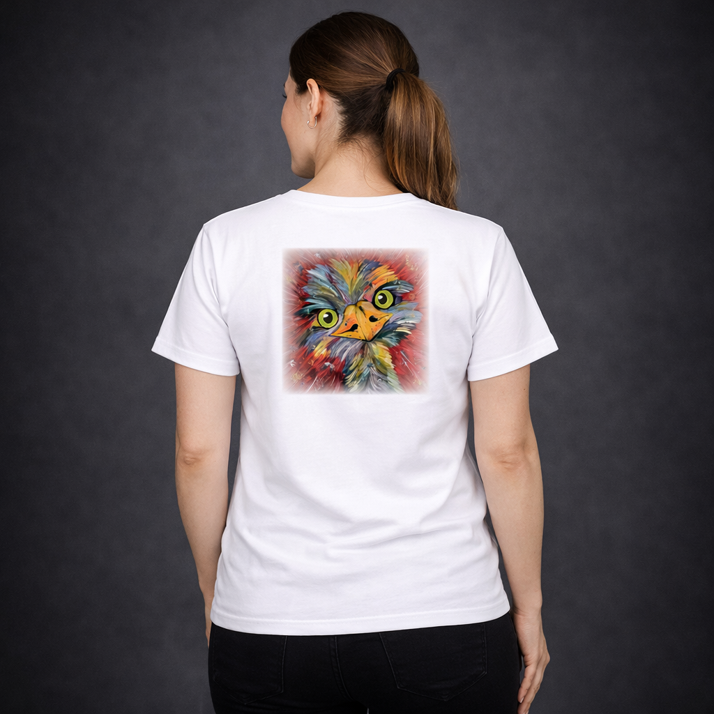 Unisex T-Shirt * handsigniert * Unikate * Kunstprint Vorder- & Rückseite * Emu * weiß * T-Shirt * Nirtak Eleböz * 100% Baumwolle