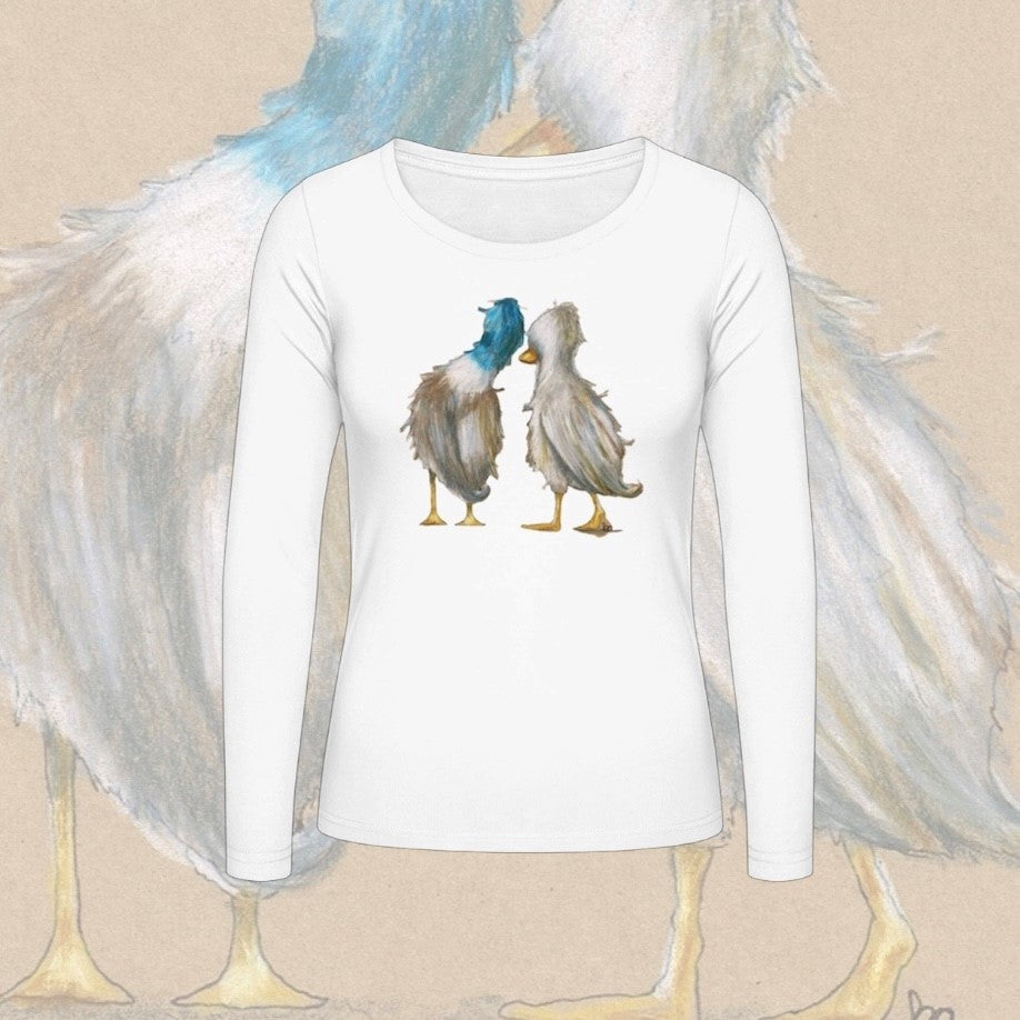 Damen T-Shirt Langarm * Print Vorderseite * Enten * weiß * Longsleeve * regarts.de * 100% Baumwolle