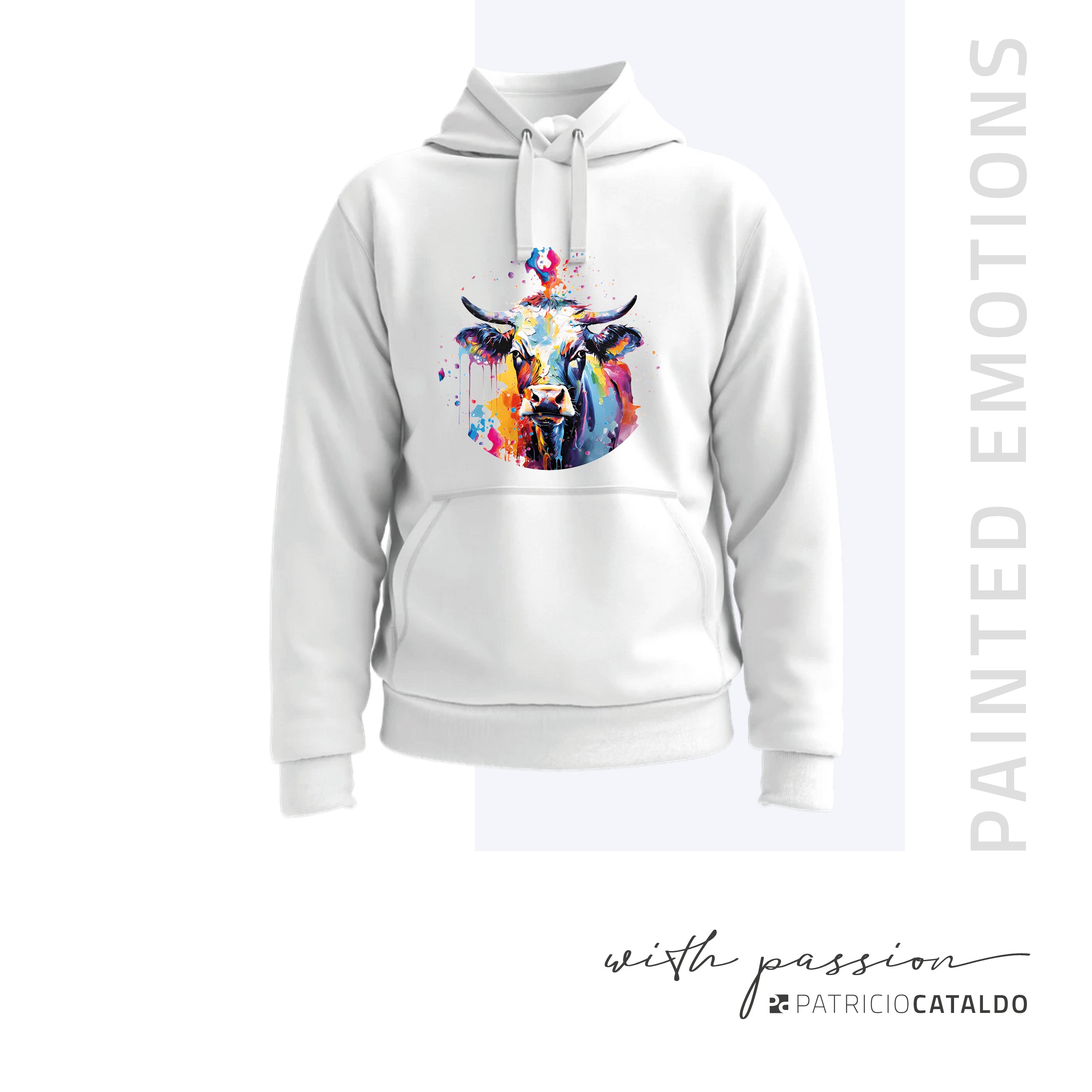 Kapuzenpullover Herren und Frauen * Hoodie * Kuh/Hirsch Print * Name * Farbe * Patricio Cataldo * 80 % Bio Baumwolle * 20 % recycelter Polyester * Hergestellt in Polen