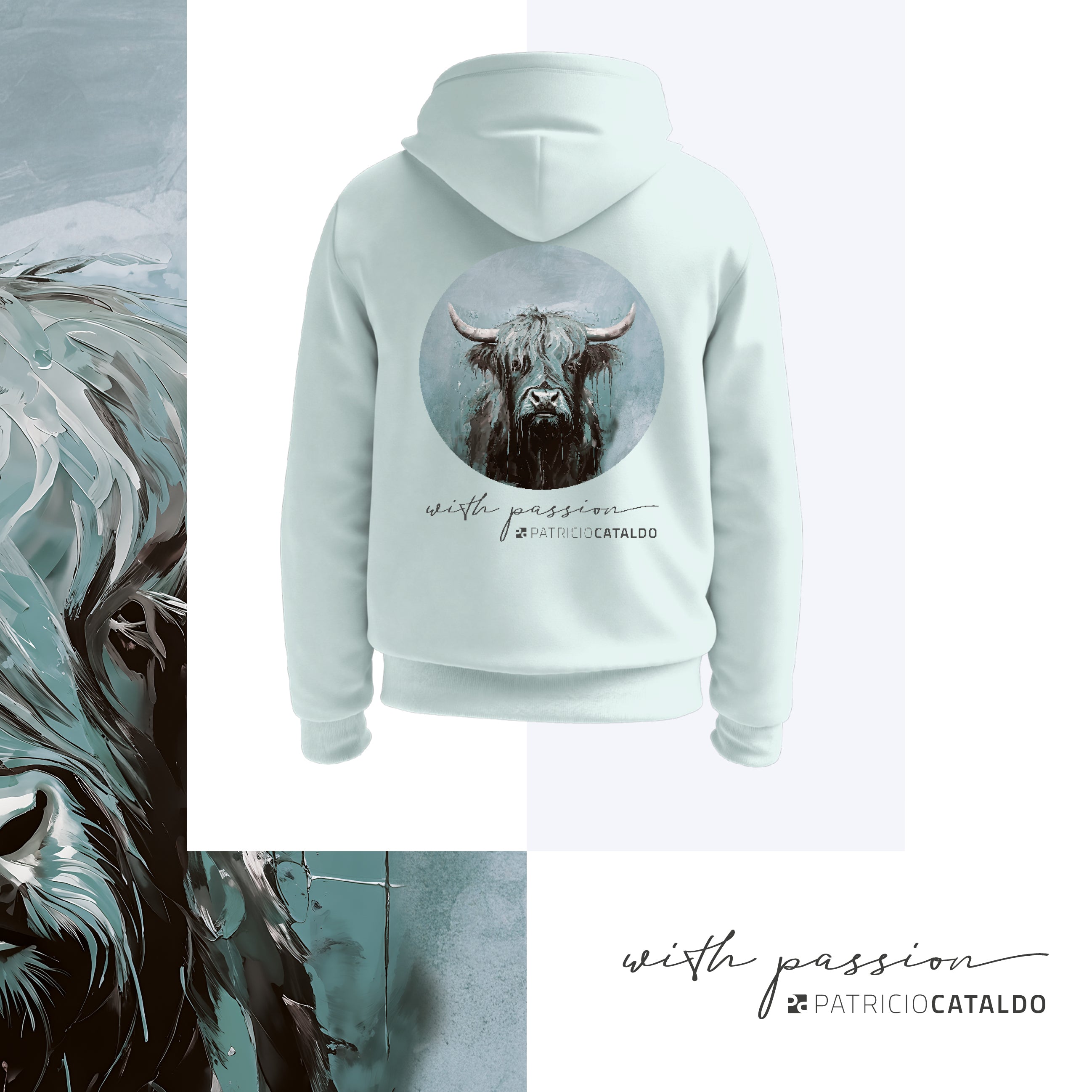 Unisex Kapuzenpullover * Hoodie * Kuh "Vreni" Print * arktisblau * Patricio Cataldo * 80% Bio Baumwolle * 20% recycelter Polyester * Hergestellt in Polen