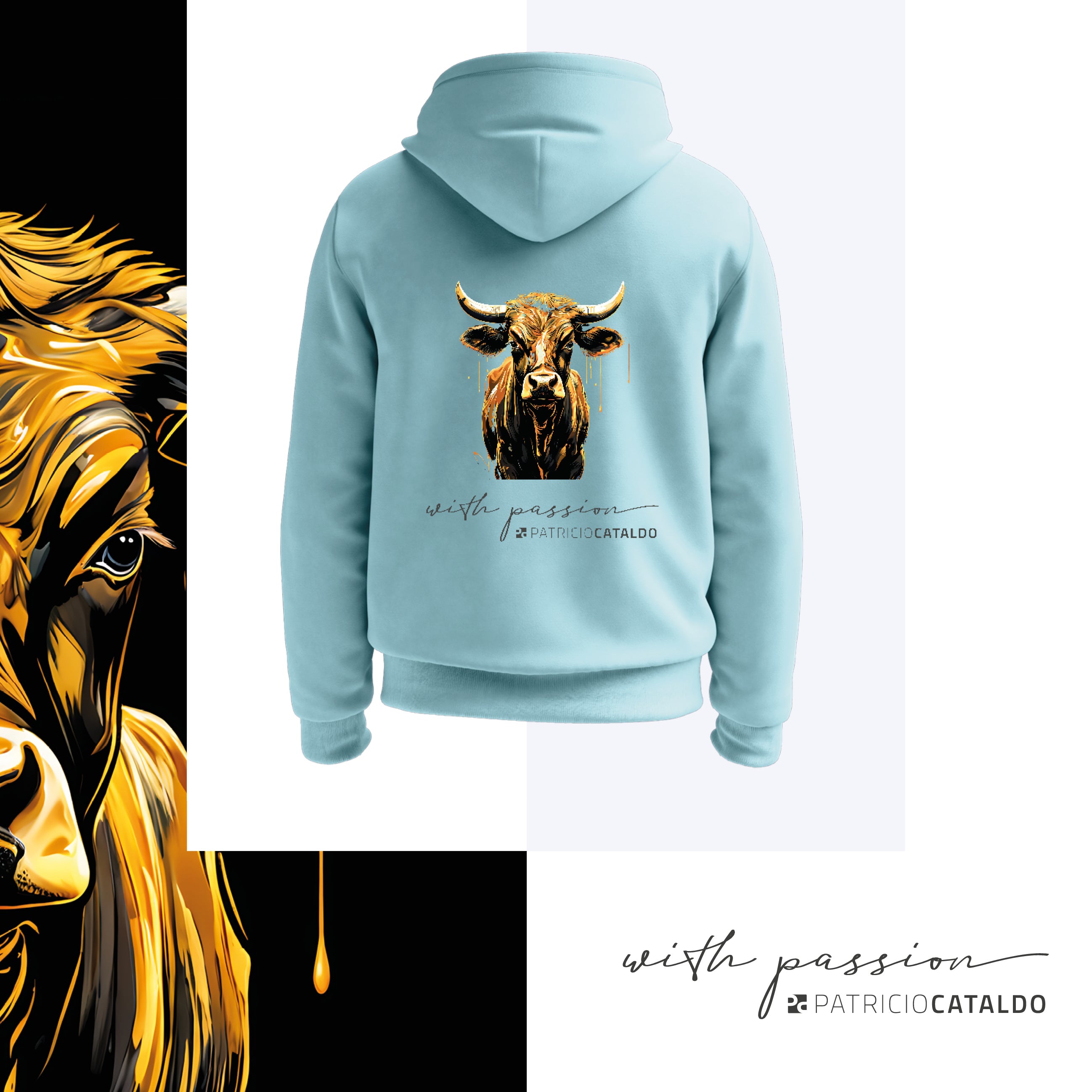 Unisex Kapuzenpullover * Hoodie * Kuh "Aurora" Print * Patricio Cataldo * 80% Bio Baumwolle * 20% recycelter Polyester * Hergestellt in Polen