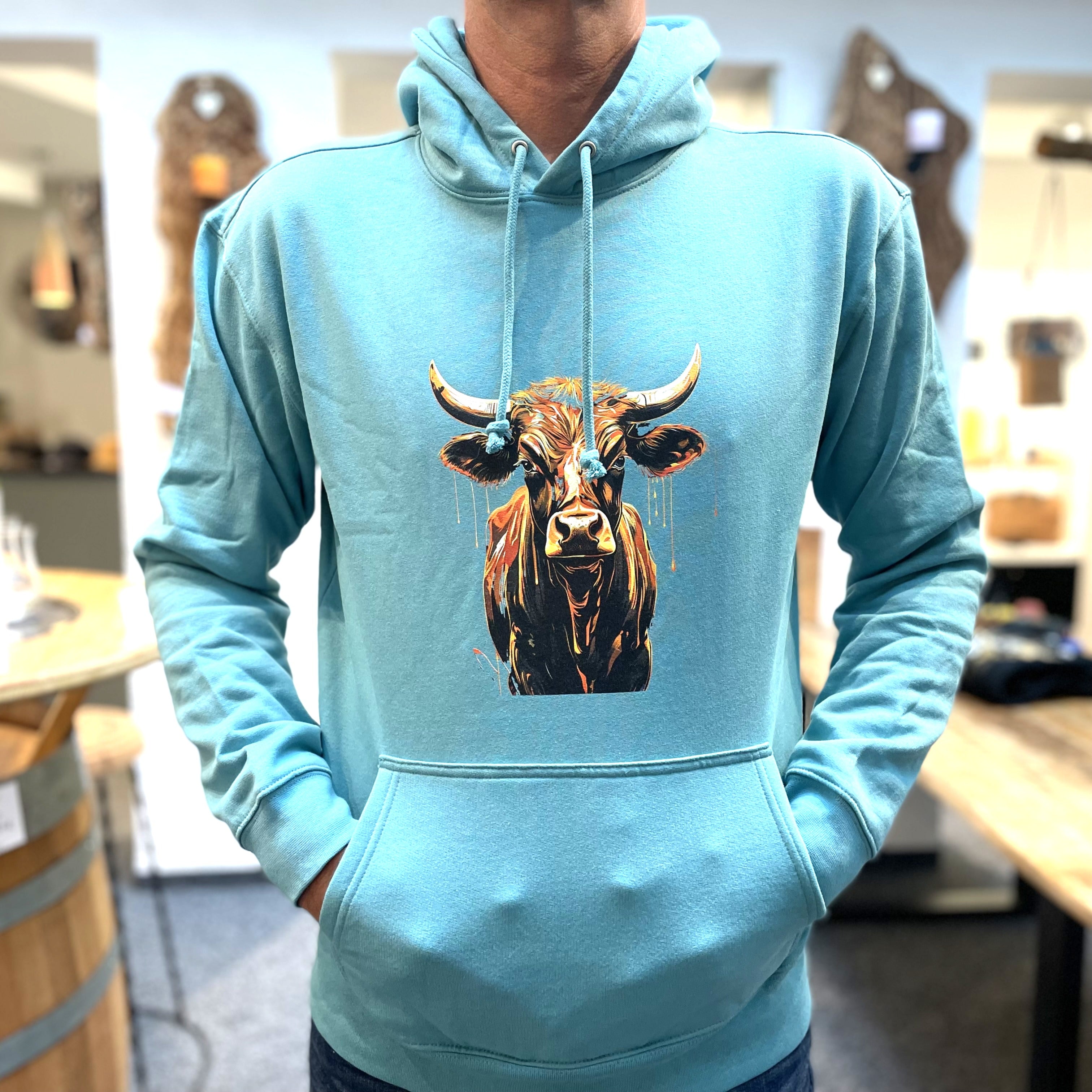Unisex Kapuzenpullover * Hoodie * blau * Kuh "Aurora" Print * Patricio Cataldo * 80% Bio Baumwolle * 20% recycelter Polyester * Hergestellt in Polen