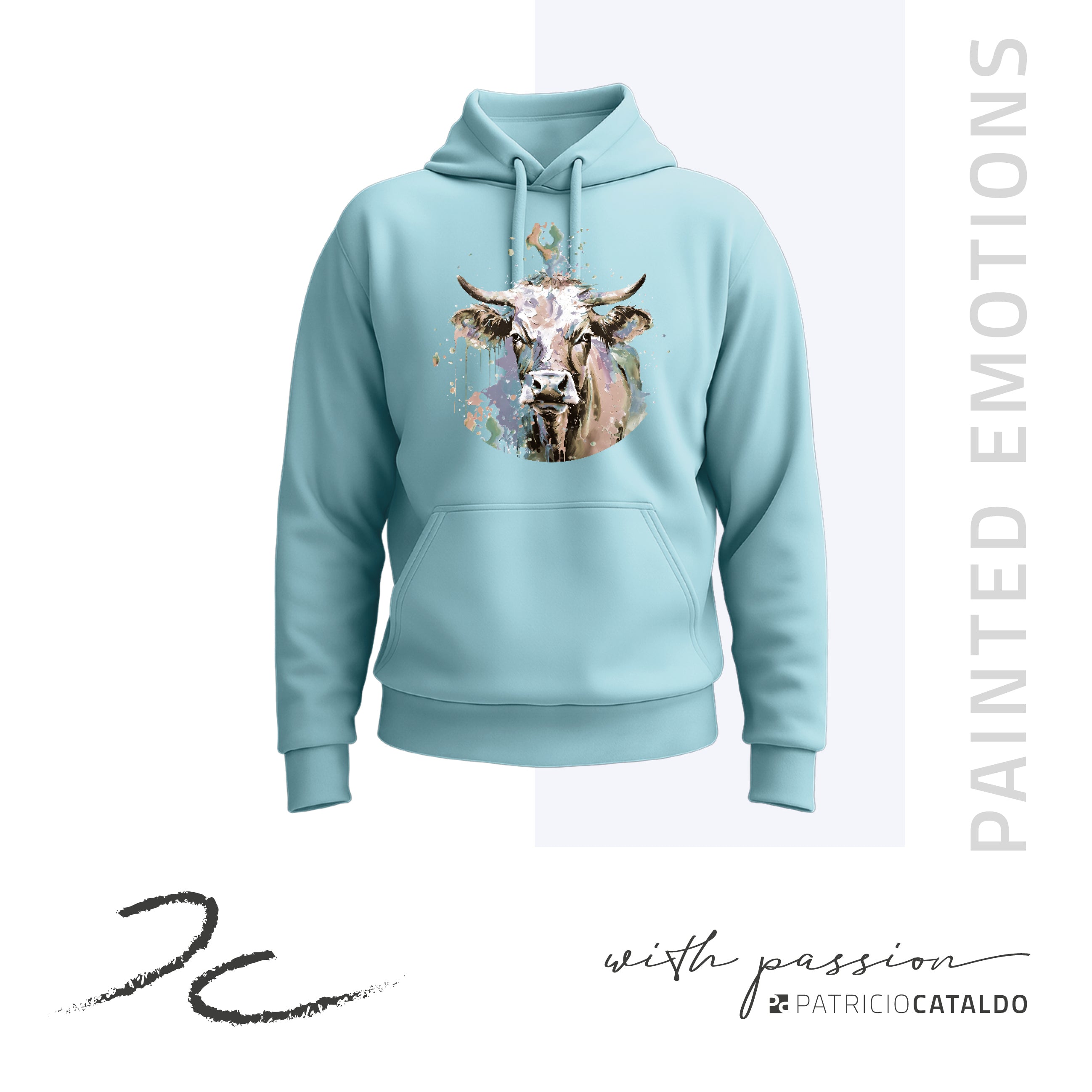 Unisex Kapuzenpullover * Hoodie * Kuh "Mimi" Print * Patricio Cataldo * 80% Bio Baumwolle * 20% recycelter Polyester * Hergestellt in Polen