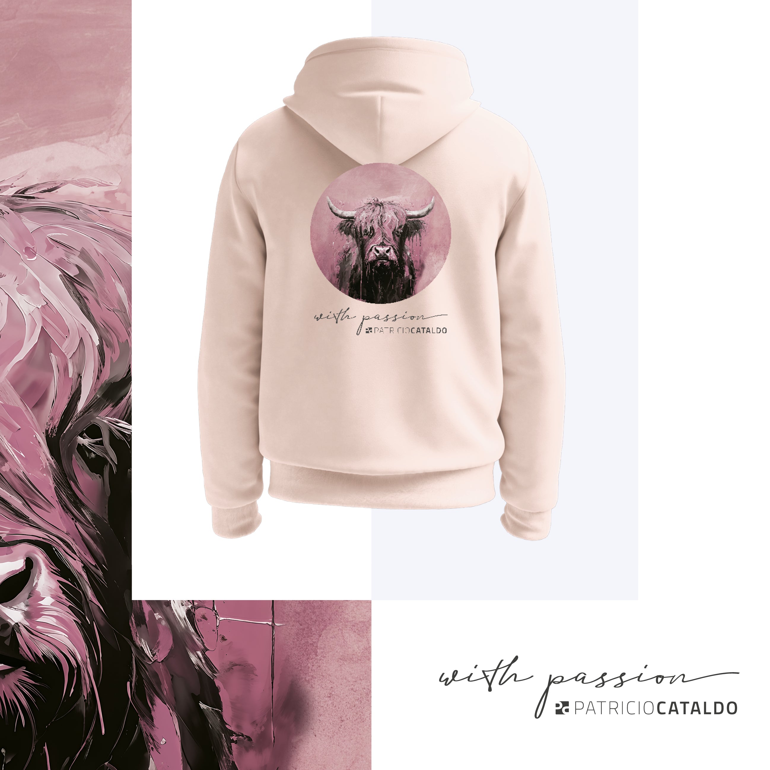 Unisex Kapuzenpullover * Hoodie * Kuh "Vreni" Print * Pfirsich Rosa * Patricio Cataldo * 80% Bio Baumwolle * 20% recycelter Polyester * Hergestellt in Polen