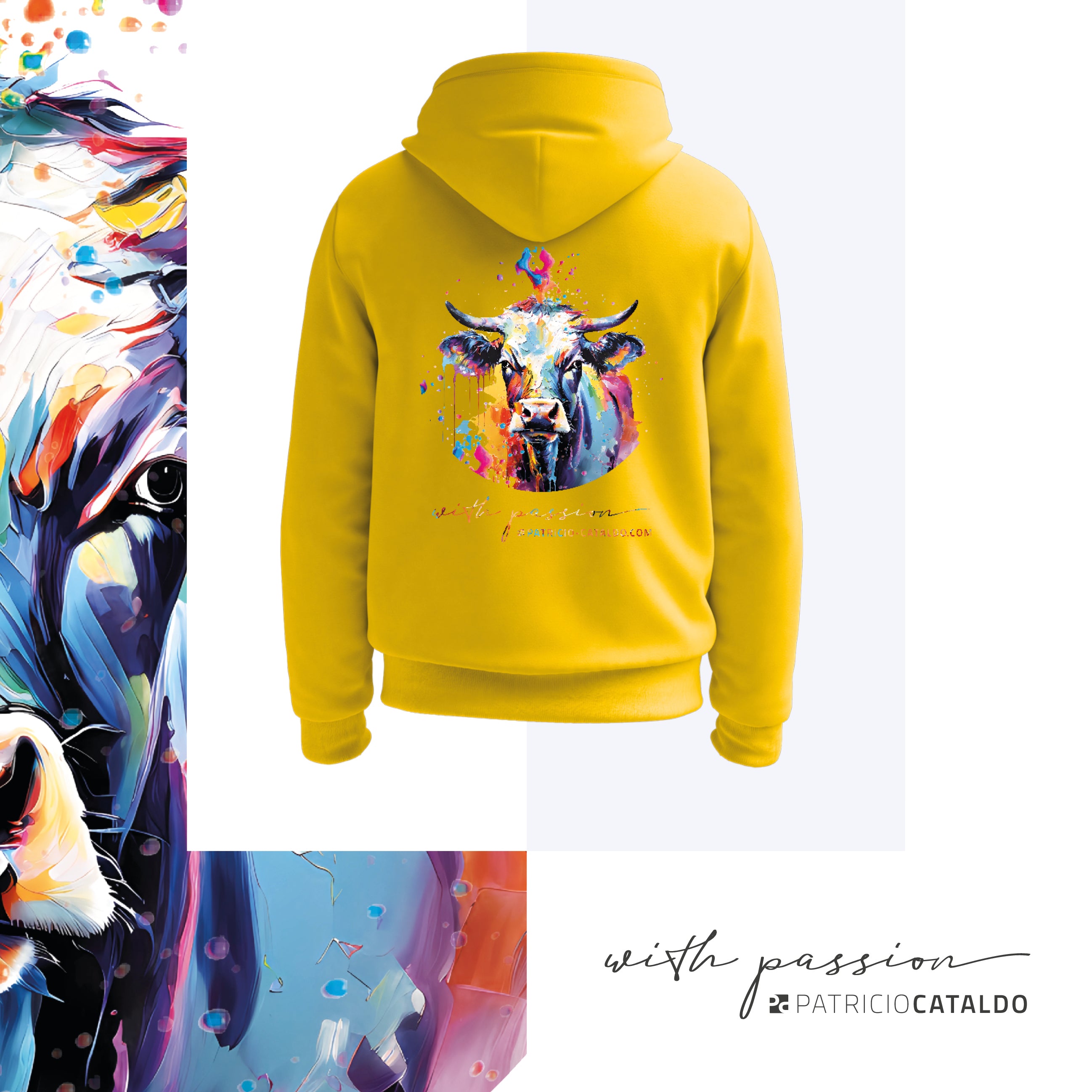 Unisex Kapuzenpullover * Hoodie * Kuh "Mimi" Farbenzauber Print * gelb * Patricio Cataldo * 80% Bio Baumwolle * 20% recycelter Polyester * Hergestellt in Polen