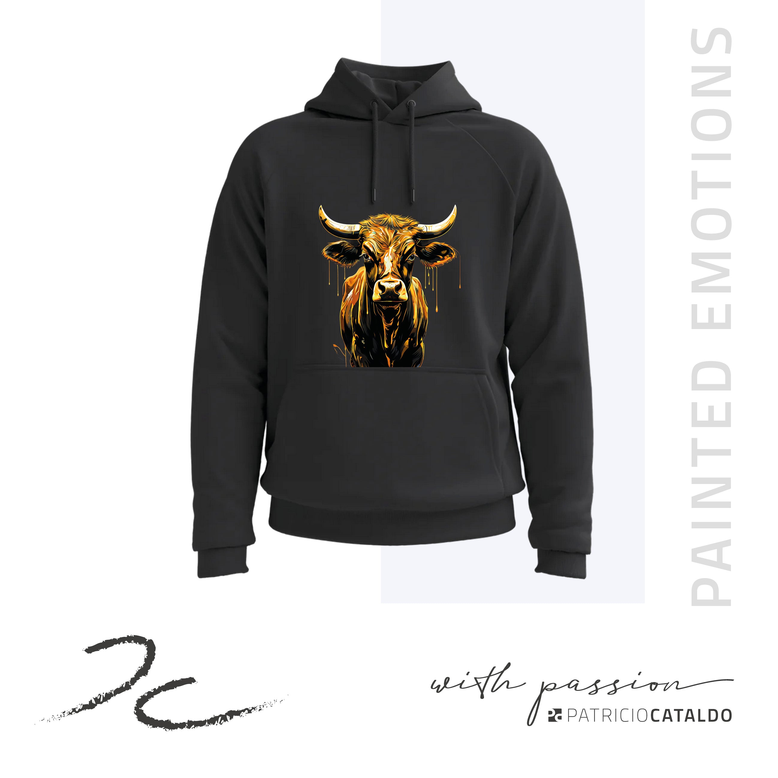 Unisex Kapuzenpullover * Hoodie * Kuh "Aurora" Print * Patricio Cataldo * 80% Bio Baumwolle * 20% recycelter Polyester * Hergestellt in Polen