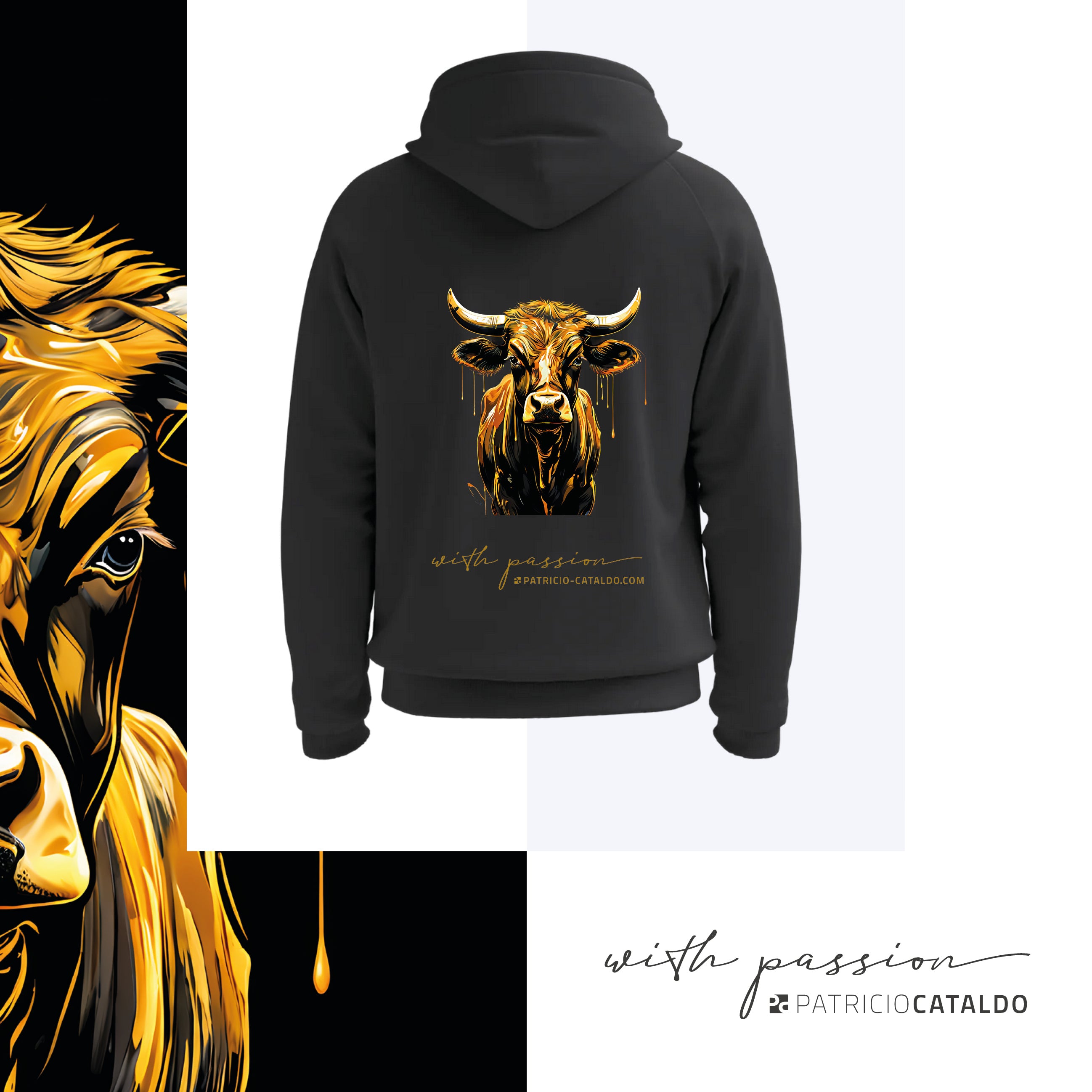 Unisex Kapuzenpullover * Hoodie * Kuh "Aurora" Print * Patricio Cataldo * 80% Bio Baumwolle * 20% recycelter Polyester * Hergestellt in Polen