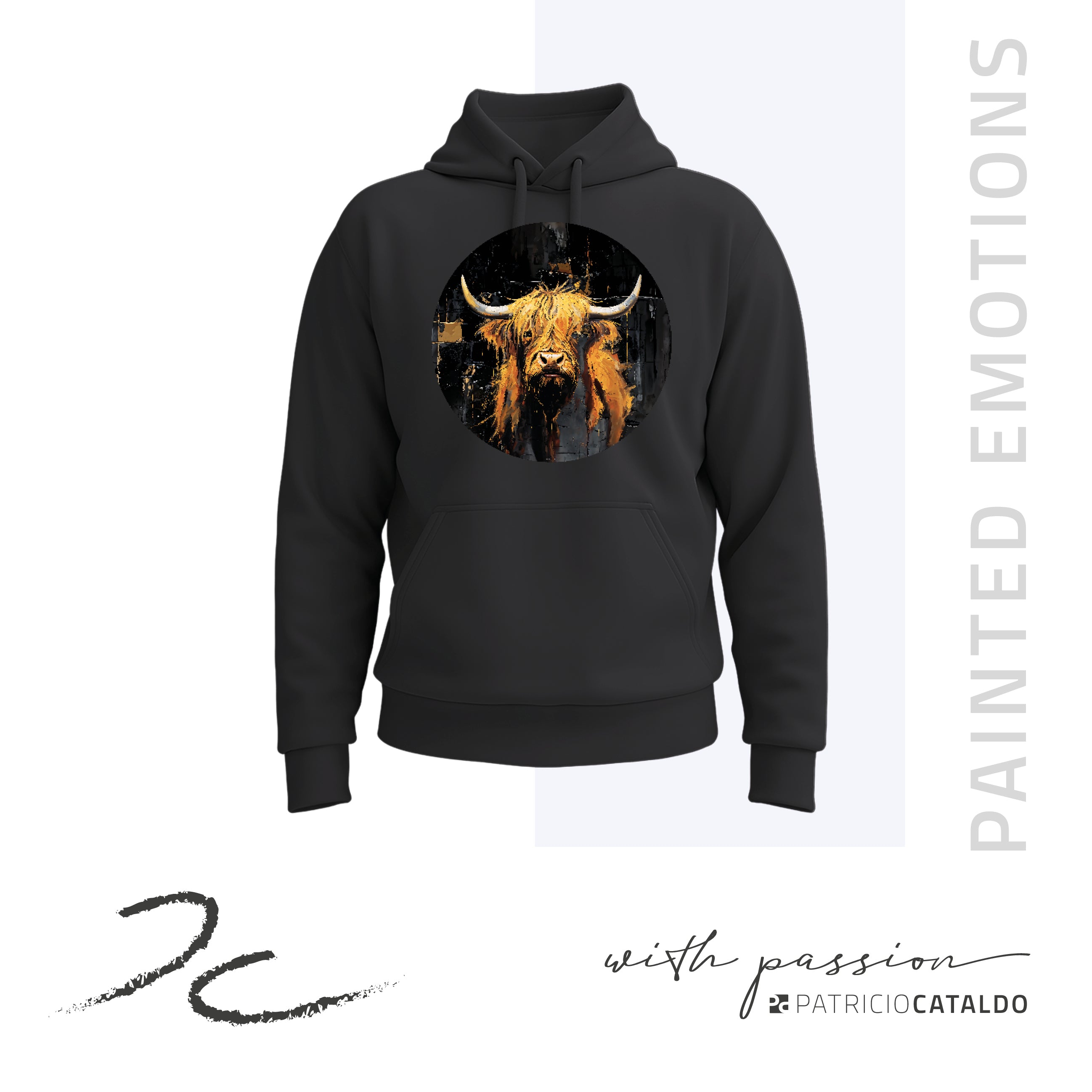 Unisex Kapuzenpullover * Hoodie * Hochlandrind "Gina" Print * Patricio Cataldo * 80% Bio Baumwolle * 20% recycelter Polyester * Hergestellt in Polen