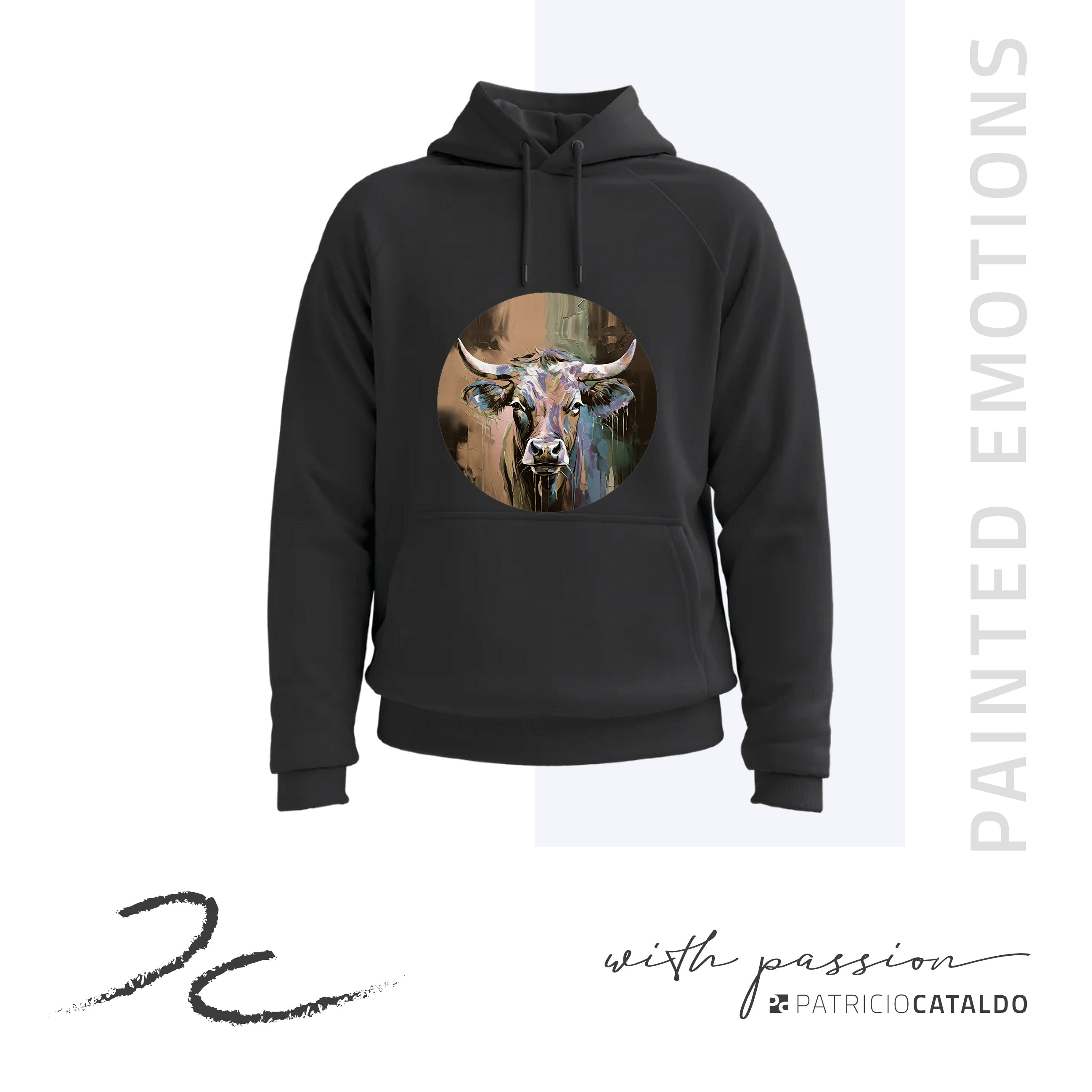 Unisex Kapuzenpullover * Hoodie * Kuh "Maja" Print * Patricio Cataldo * 80% Bio Baumwolle * 20% recycelter Polyester * Hergestellt in Polen