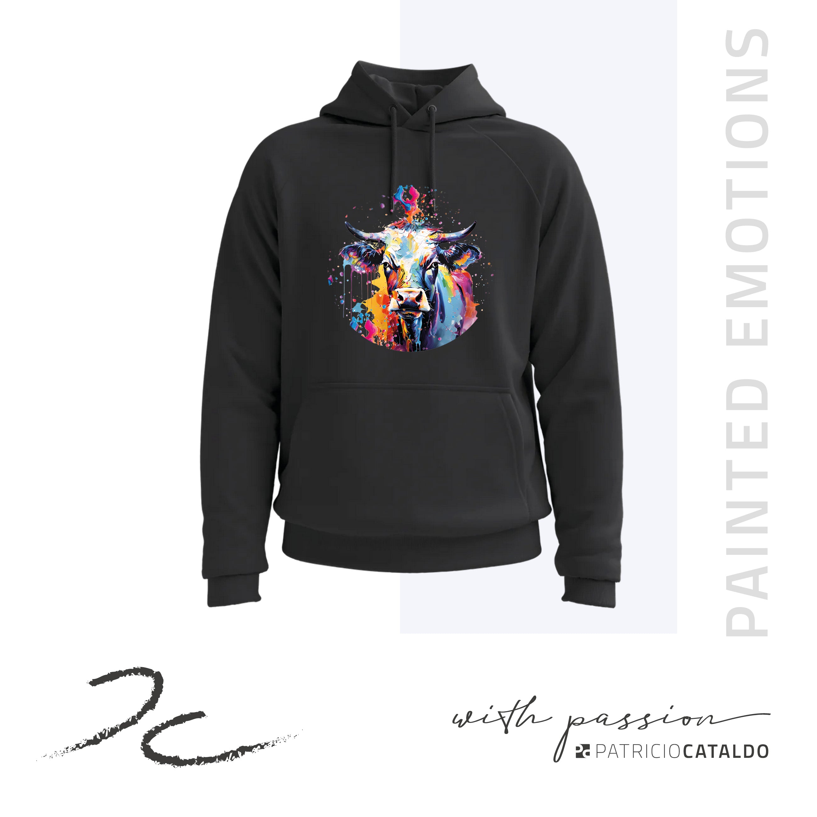 Unisex Kapuzenpullover * Hoodie * Kuh "Mimi" Print * Patricio Cataldo * 80% Bio Baumwolle * 20% recycelter Polyester * Hergestellt in Polen
