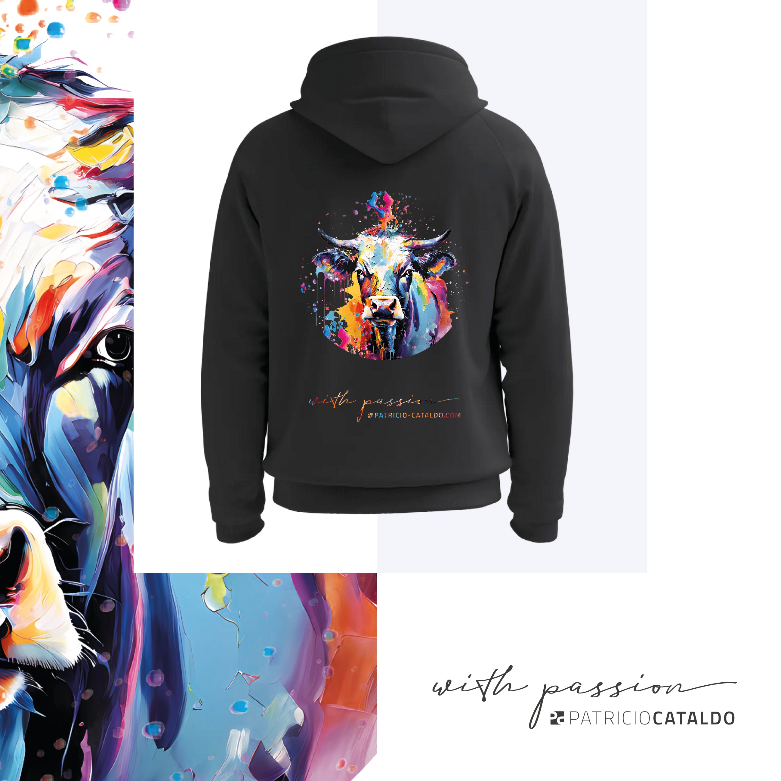 Unisex Kapuzenpullover * Hoodie * Kuh "Mimi" Print * schwarz * Patricio Cataldo * 80% Bio Baumwolle * 20% recycelter Polyester * Hergestellt in Polen