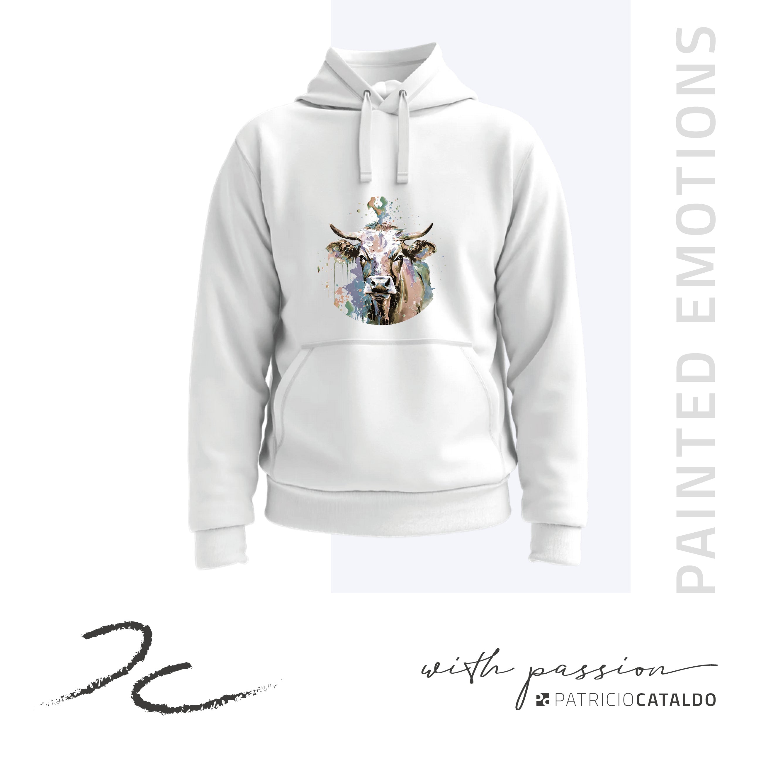 Unisex Kapuzenpullover * Hoodie * Kuh "Mimi" Print * Patricio Cataldo * 80% Bio Baumwolle * 20% recycelter Polyester * Hergestellt in Polen