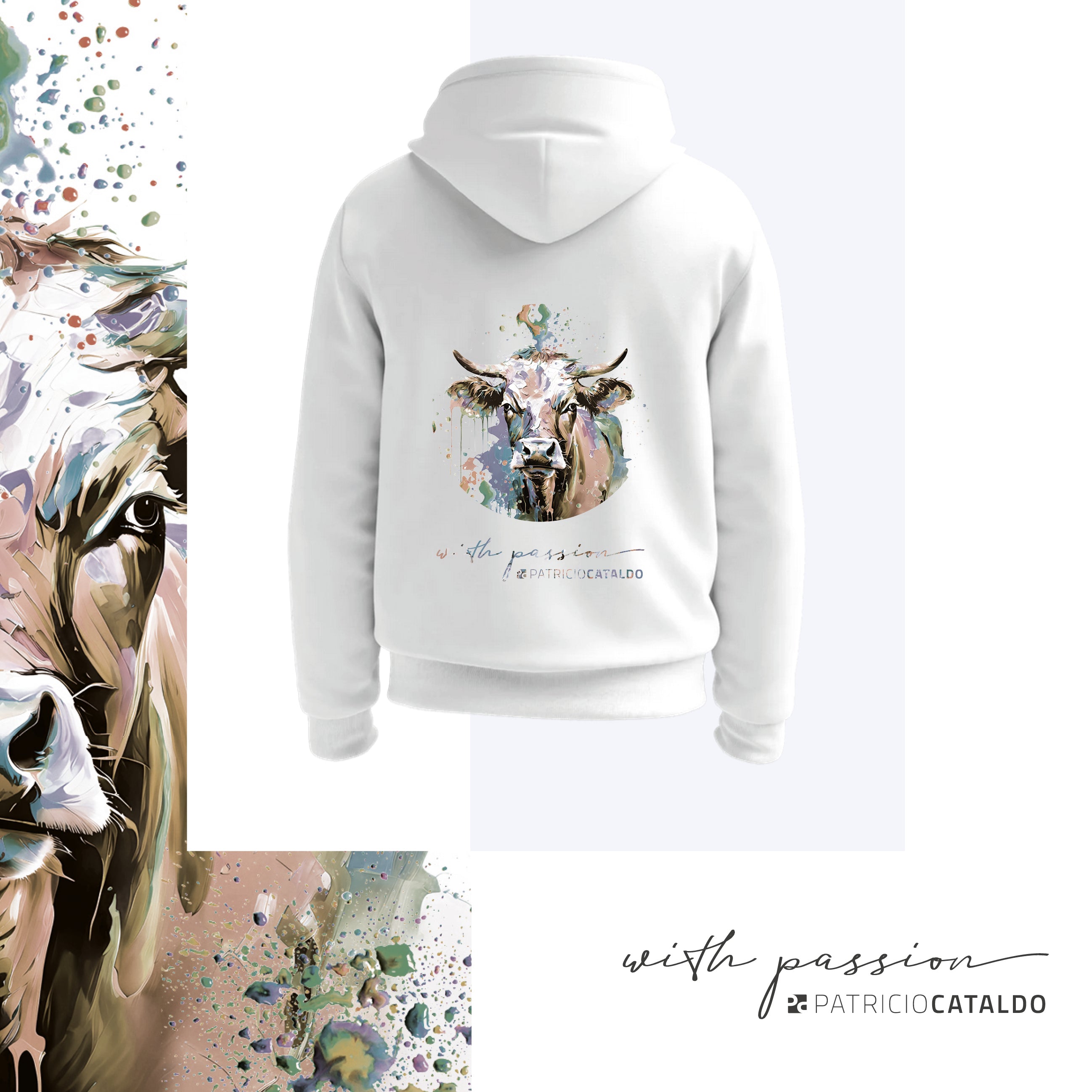 Unisex Kapuzenpullover * Hoodie * Kuh "Mimi" Pastell Print * weiß * Patricio Cataldo * 80% Bio Baumwolle * 20% recycelter Polyester * Hergestellt in Polen