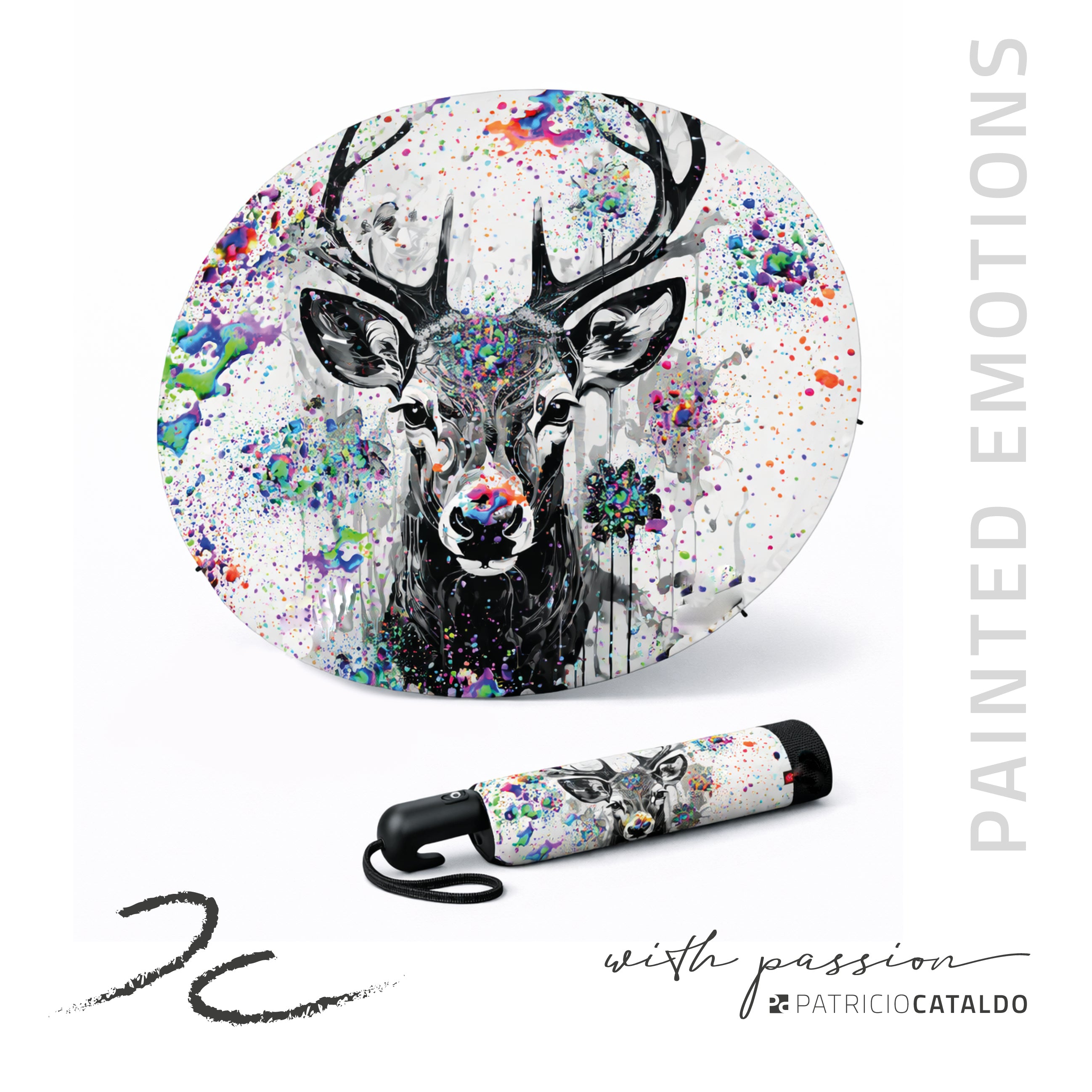 Taschenregenschirm * 8 Rippen * leicht und robust * Hirsch "Heiko" Print * Patricio Cataldo