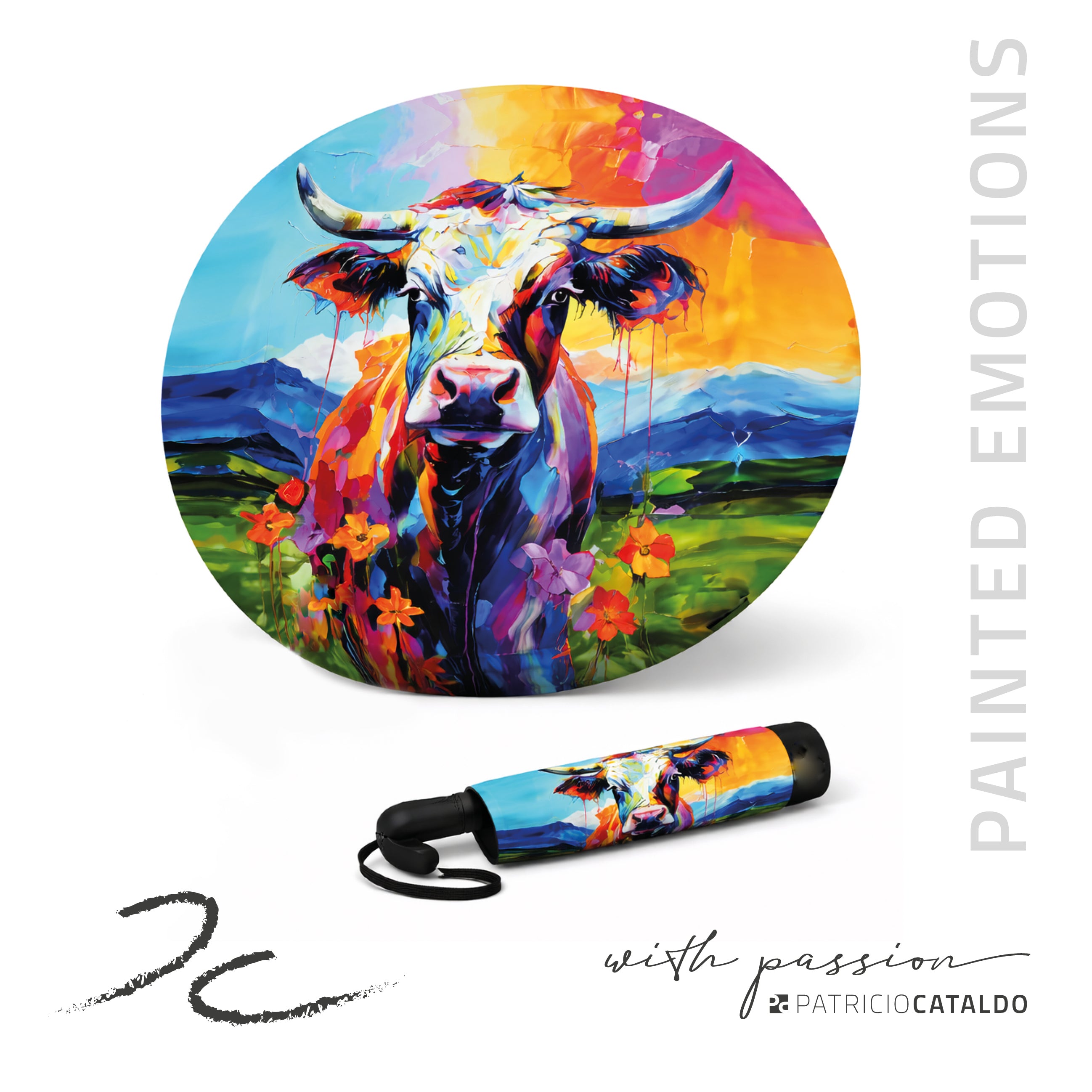 Taschenregenschirm * 8 Rippen * leicht und robust * Kuh "Meli" Print * Patricio Cataldo
