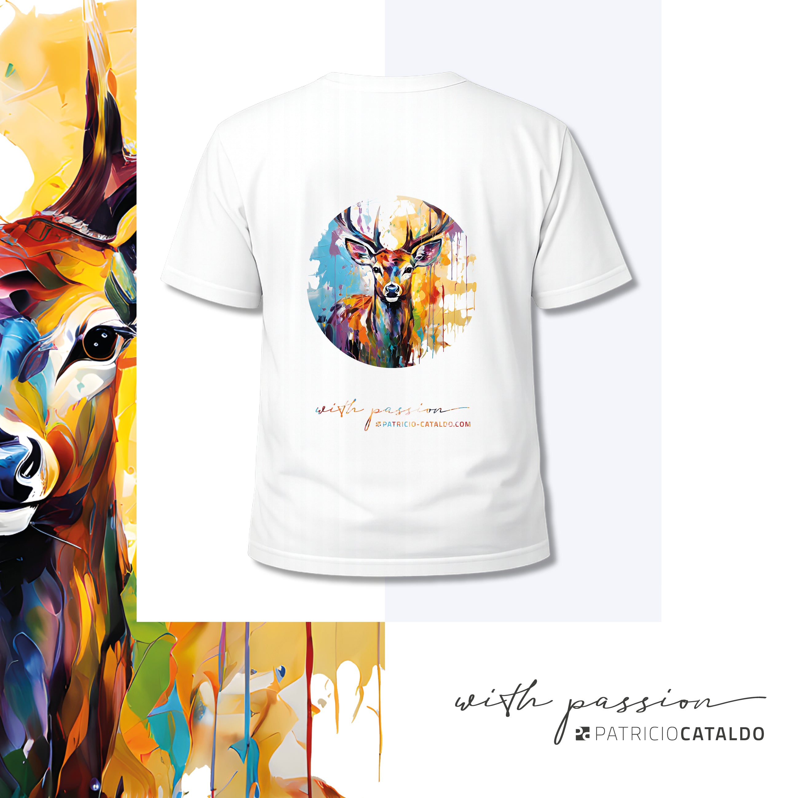 Unisex T-Shirt * Print Hirsch "Heinrich" * weiß * T-Shirt zur Lederhose * Patricio Cataldo * 100% Baumwolle