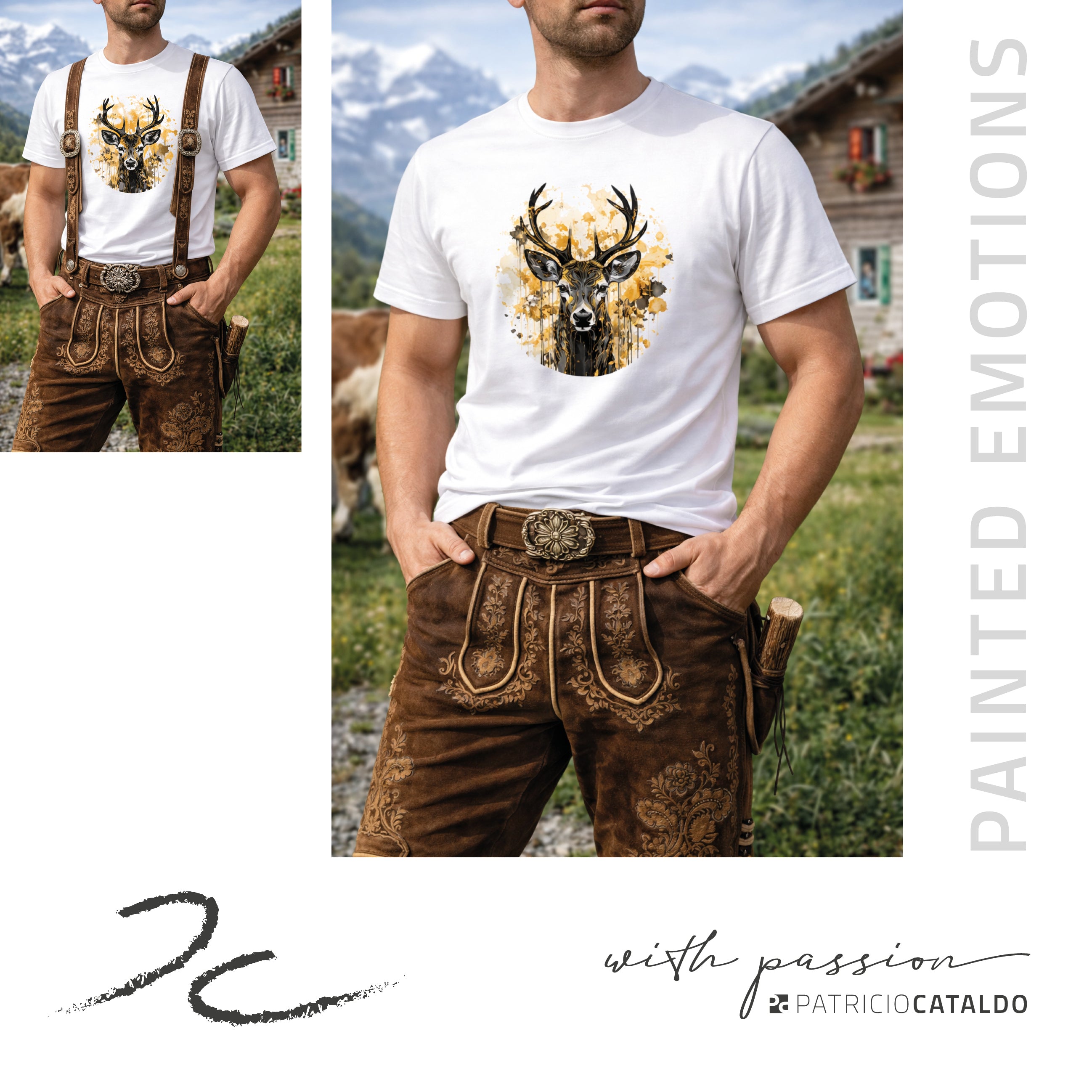 Unisex T-Shirt * Print Hirsch "Hubert" * weiß * T-Shirt zur Lederhose * Patricio Cataldo * 100% Baumwolle