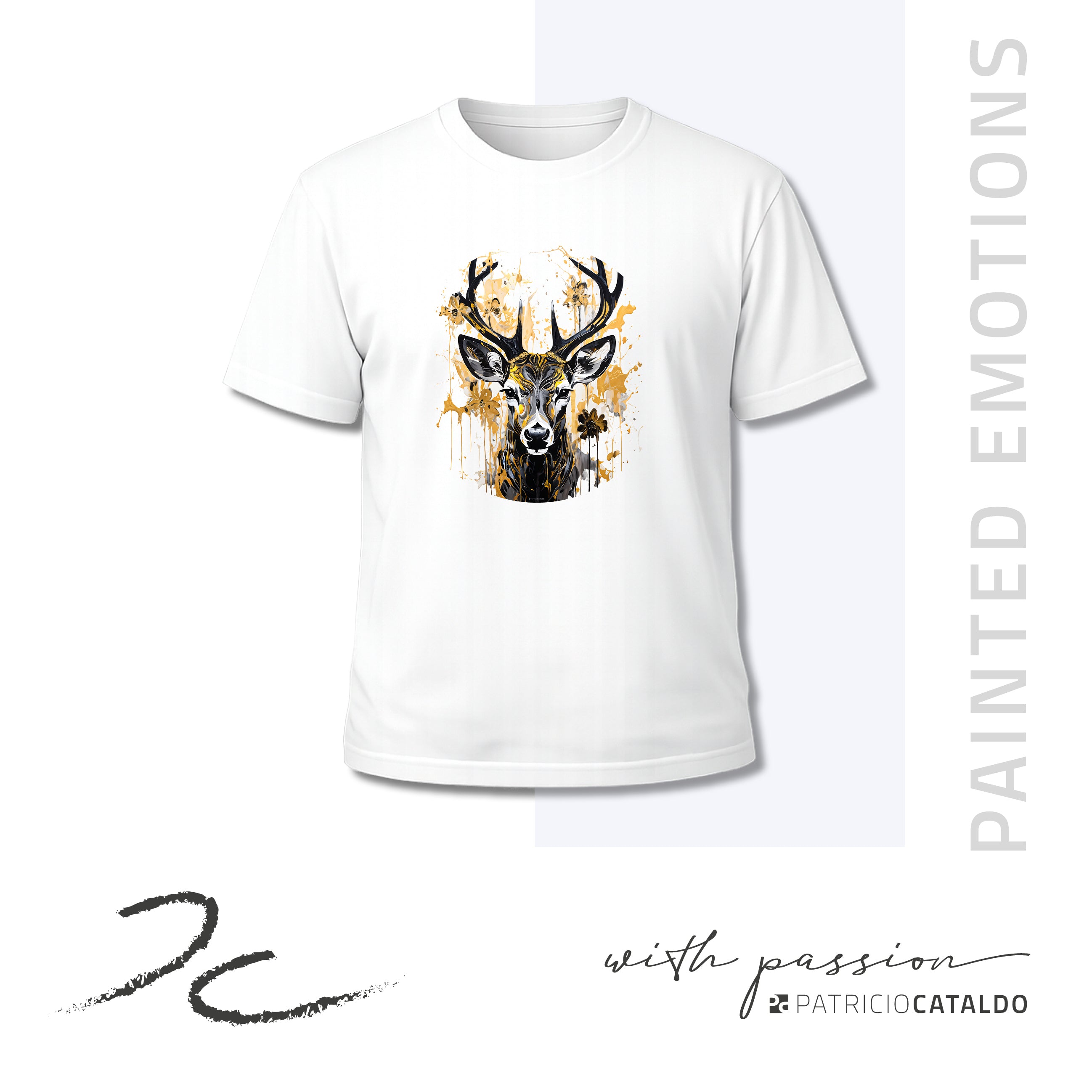Unisex T-Shirt * Print Hirsch "Hubert" * weiß * T-Shirt zur Lederhose * Patricio Cataldo * 100% Baumwolle