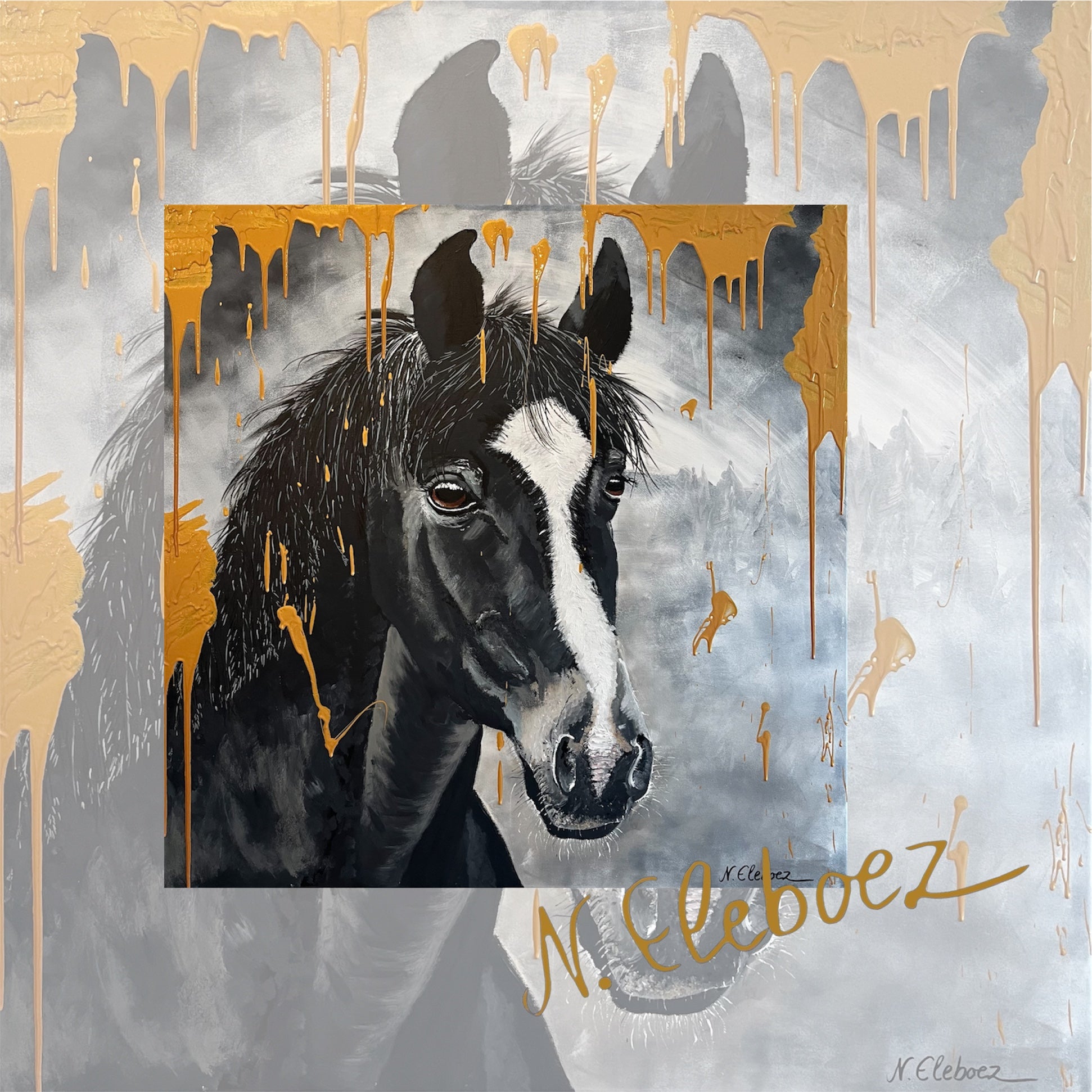 Kunstdruck * Acryl auf Leinwand * Pferd * Nirtak Eleboez * verschiedene Größen * Schwarz-Weiß-Gold Kollektion