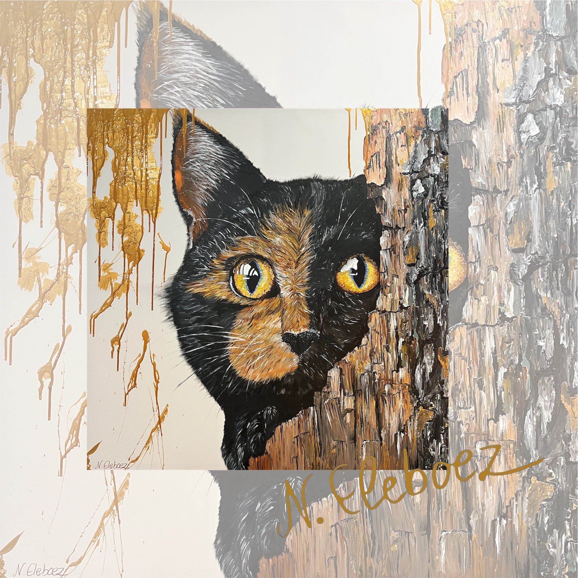 Kunstdruck * Acryl auf Leinwand * Katze * Nirtak Eleboez * verschiedene Größen * Schwarz-Weiß-Gold Kollektion
