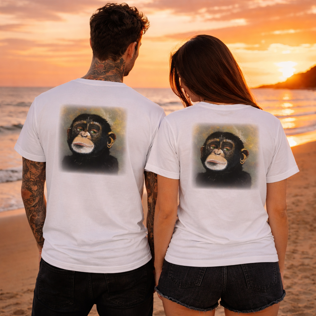 Unisex T-Shirt * handsigniert * Unikate * Kunstprint Vorder- & Rückseite * Schimpanse * weiß * T-Shirt * Nirtak Eleböz * 100% Baumwolle