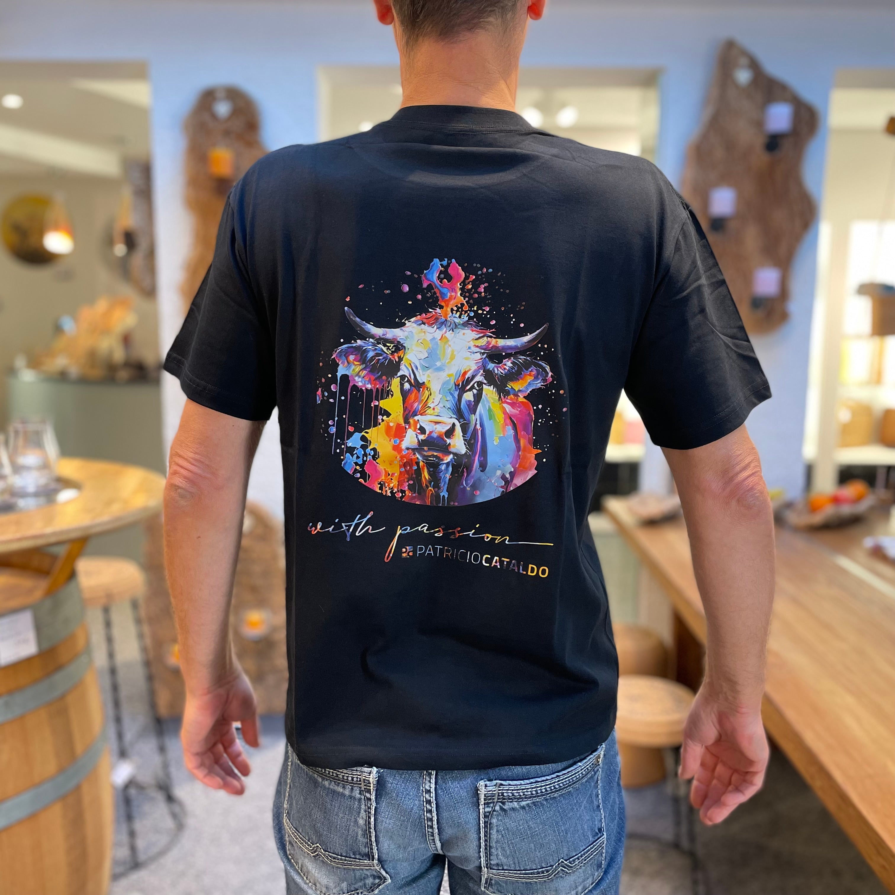 Unisex T-Shirt * Print Kuh "Mimi" * schwarz * T-Shirt zur Lederhose * Patricio Cataldo * 100% Baumwolle