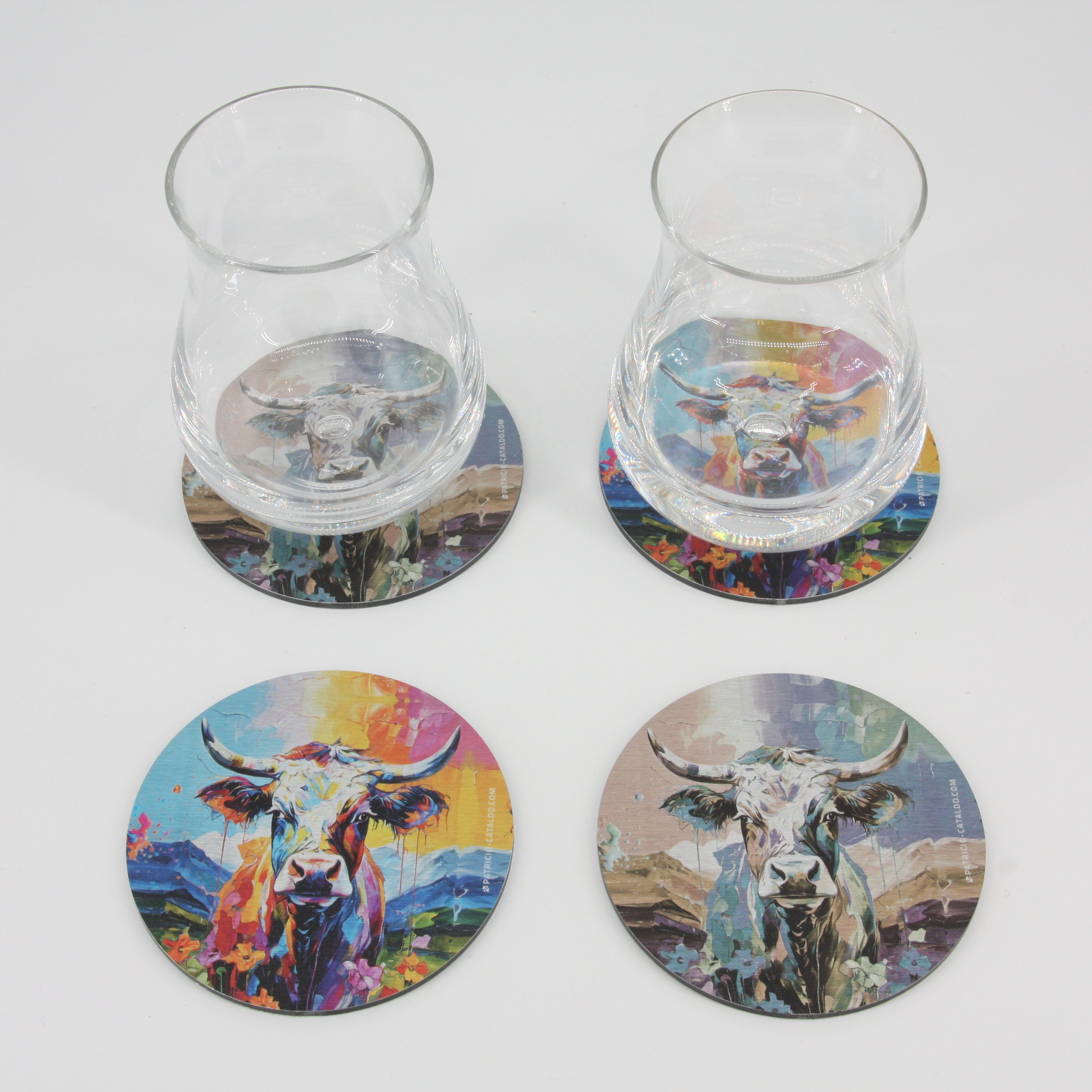 Design Glas-Untersetzer im Set * Alu Brillanz in Silber * Kuh "Meli" Print * Patricio Cataldo