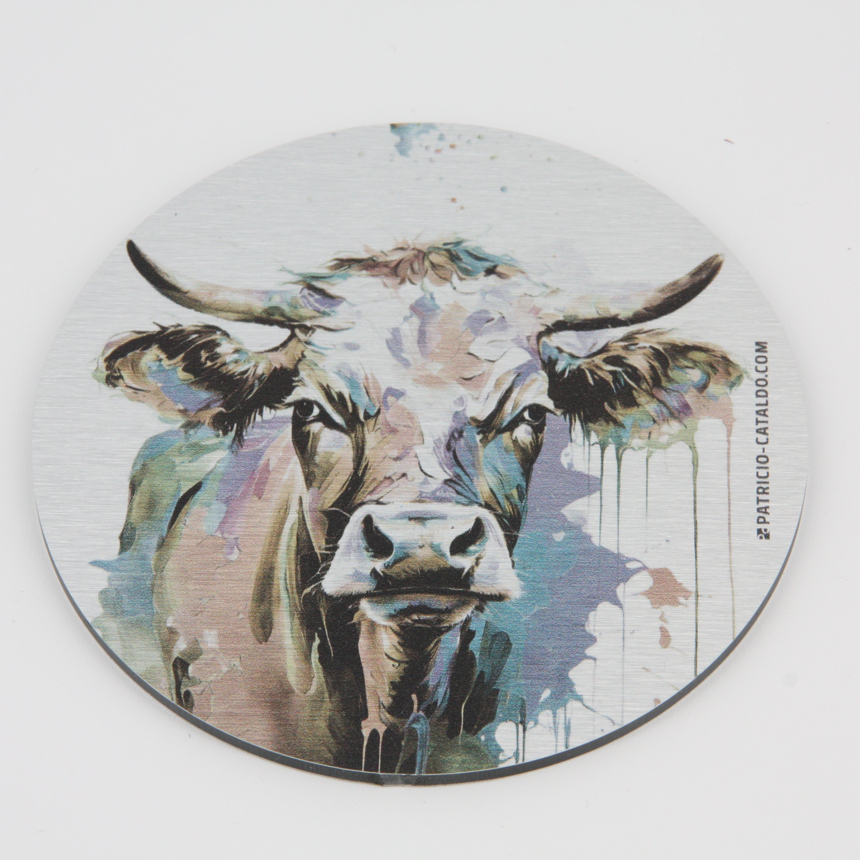 Design Glas-Untersetzer im Set * Alu Brillanz in Silber * Kuh "Mimi" Print * Patricio Cataldo