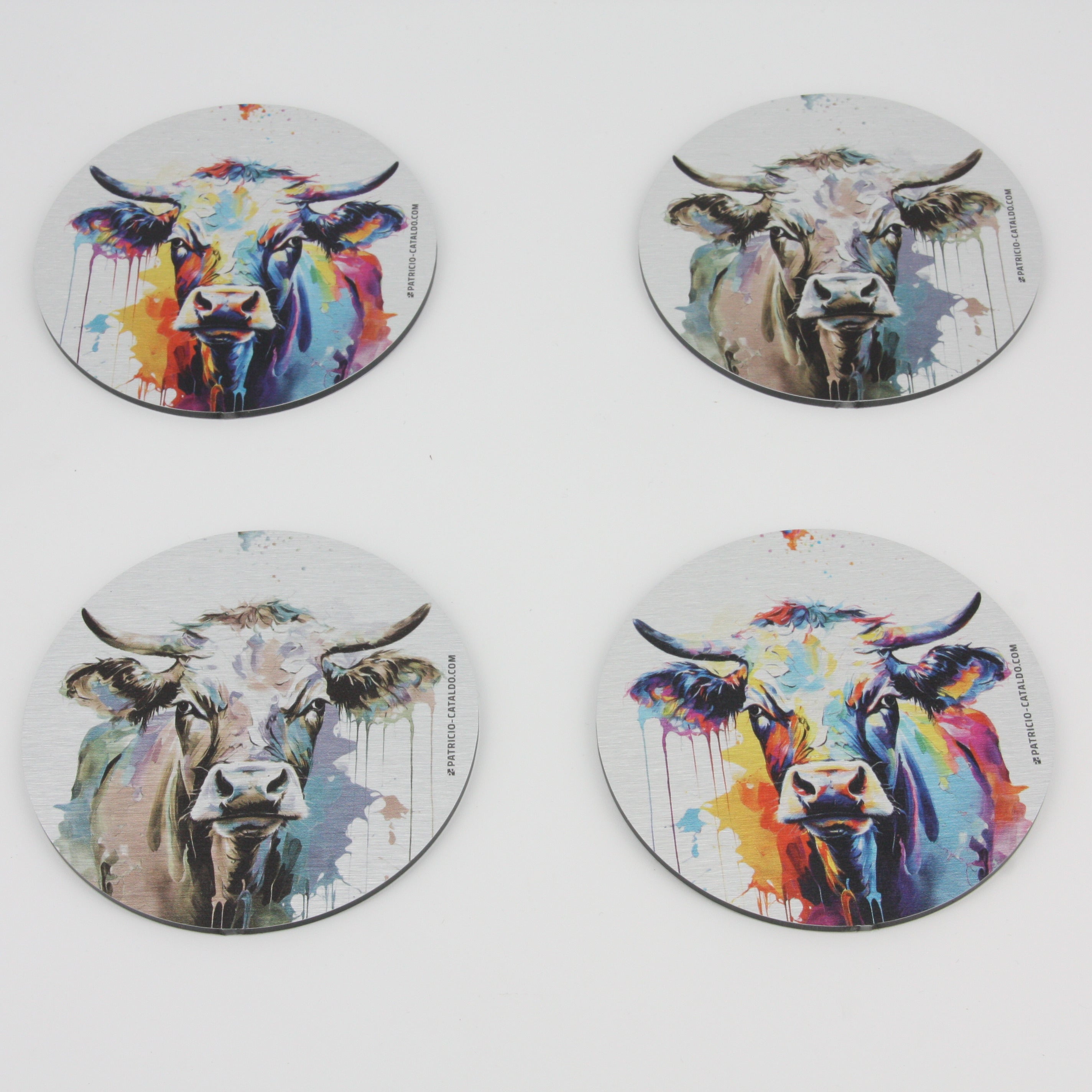 Design Glas-Untersetzer im Set * Alu Brillanz in Silber * Kuh "Mimi" Print * Patricio Cataldo