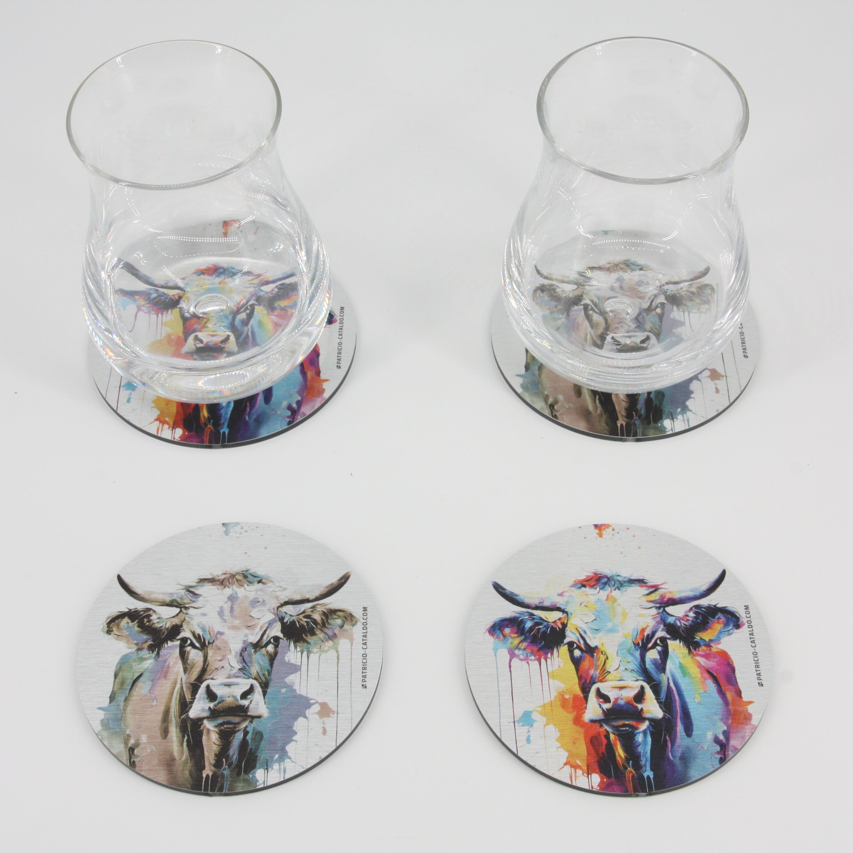 Design Glas-Untersetzer im Set * Alu Brillanz in Silber * Kuh "Mimi" Print * Patricio Cataldo