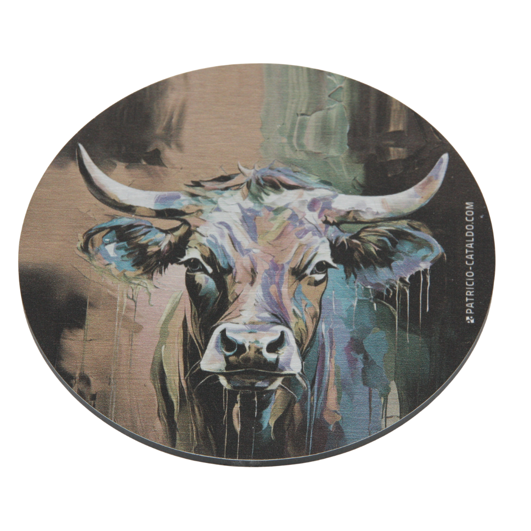 Design Glas-Untersetzer im Set * Alu Brillanz in Silber * Kuh "Maja" Print * Patricio Cataldo