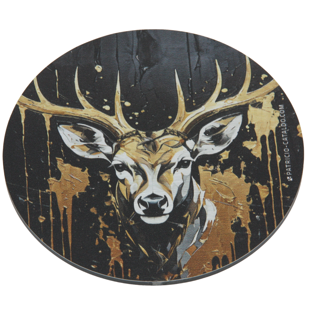 Design Glas-Untersetzer im Set * Alu Brillanz in Silber * Hirsch "Hubert" und "Hans" Print * Patricio Cataldo