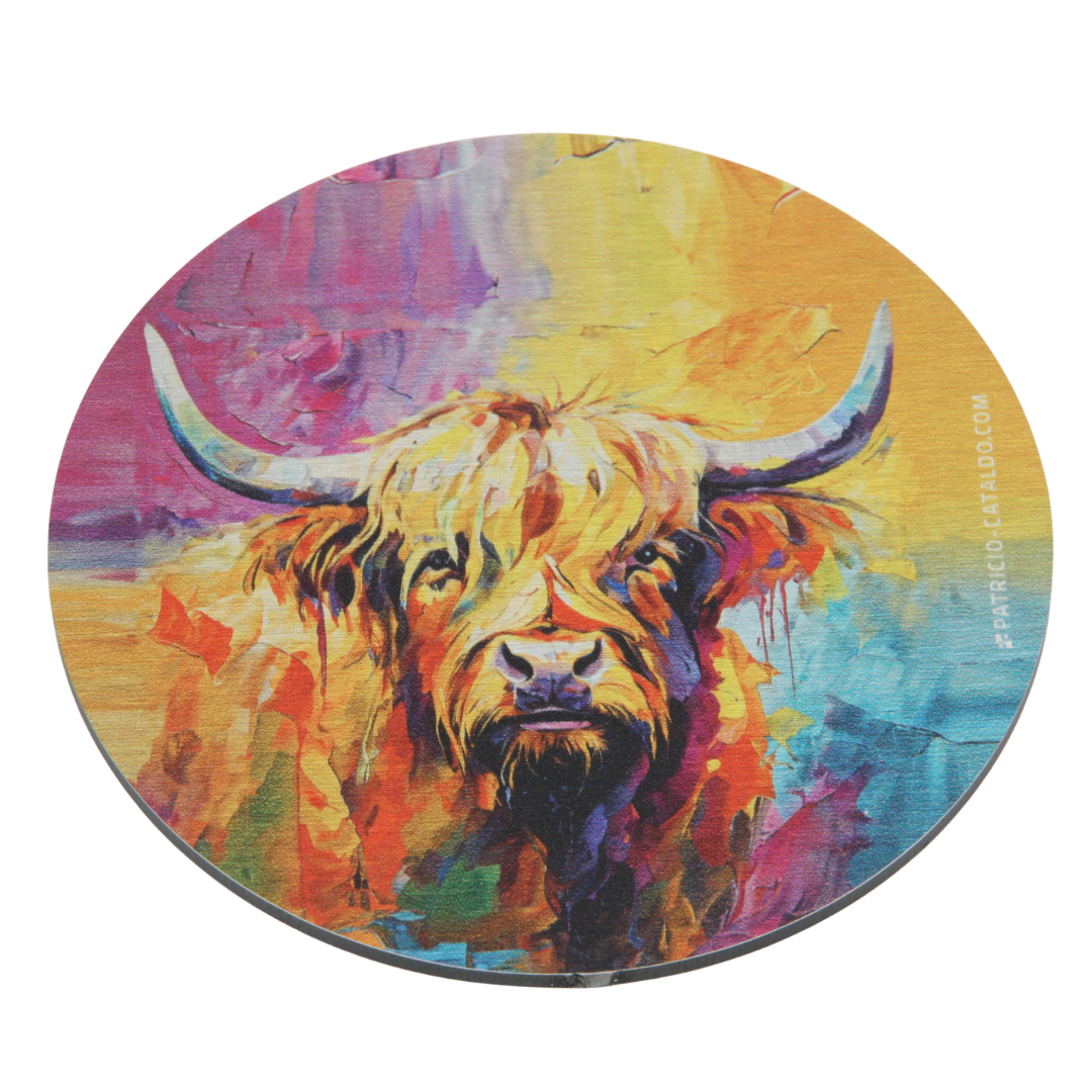 Design Glas-Untersetzer im Set * Alu Brillanz in Silber * Hochlandrind "Babsi" Print * Patricio Cataldo