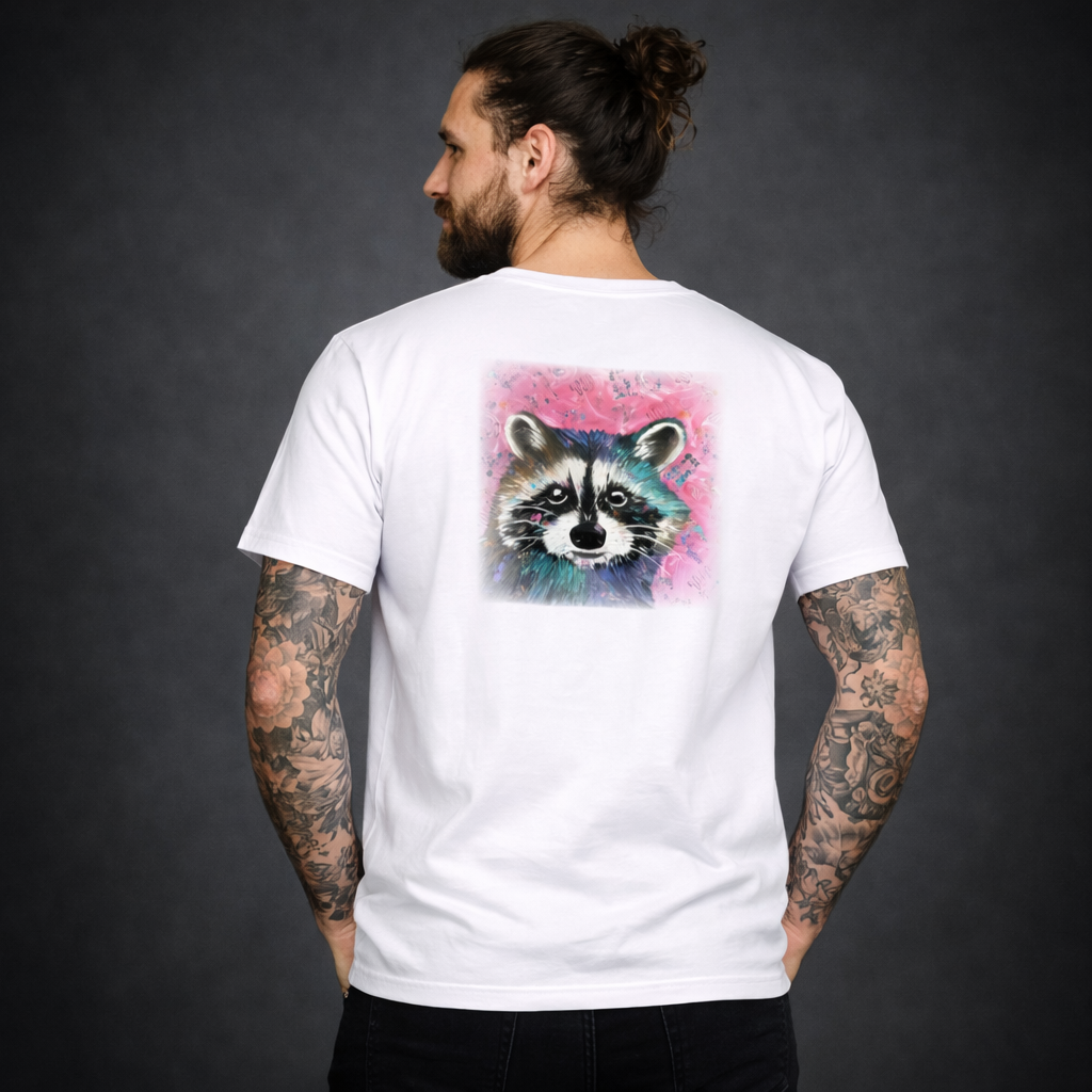 Unisex T-Shirt * handsigniert * Unikate * Kunstprint Vorder- & Rückseite * Waschbär * weiß * T-Shirt * Nirtak Eleböz * 100% Baumwolle