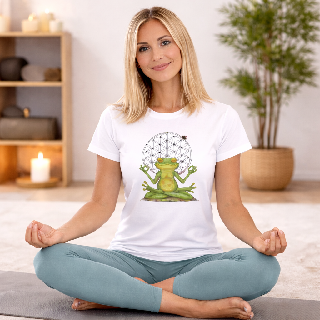 Damen T-Shirt * Print Vorderseite * Yoga Frosch * weiß * T-Shirt * regarts.de * 100% Baumwolle