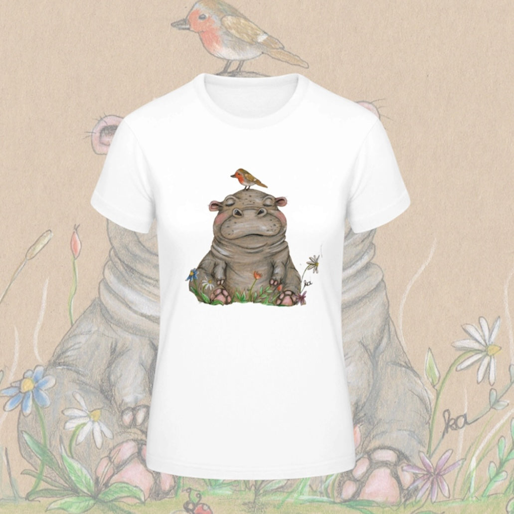 Damen T-Shirt * Print Vorderseite * Nilpferd * weiß * T-Shirt * regarts.de * 100% Baumwolle